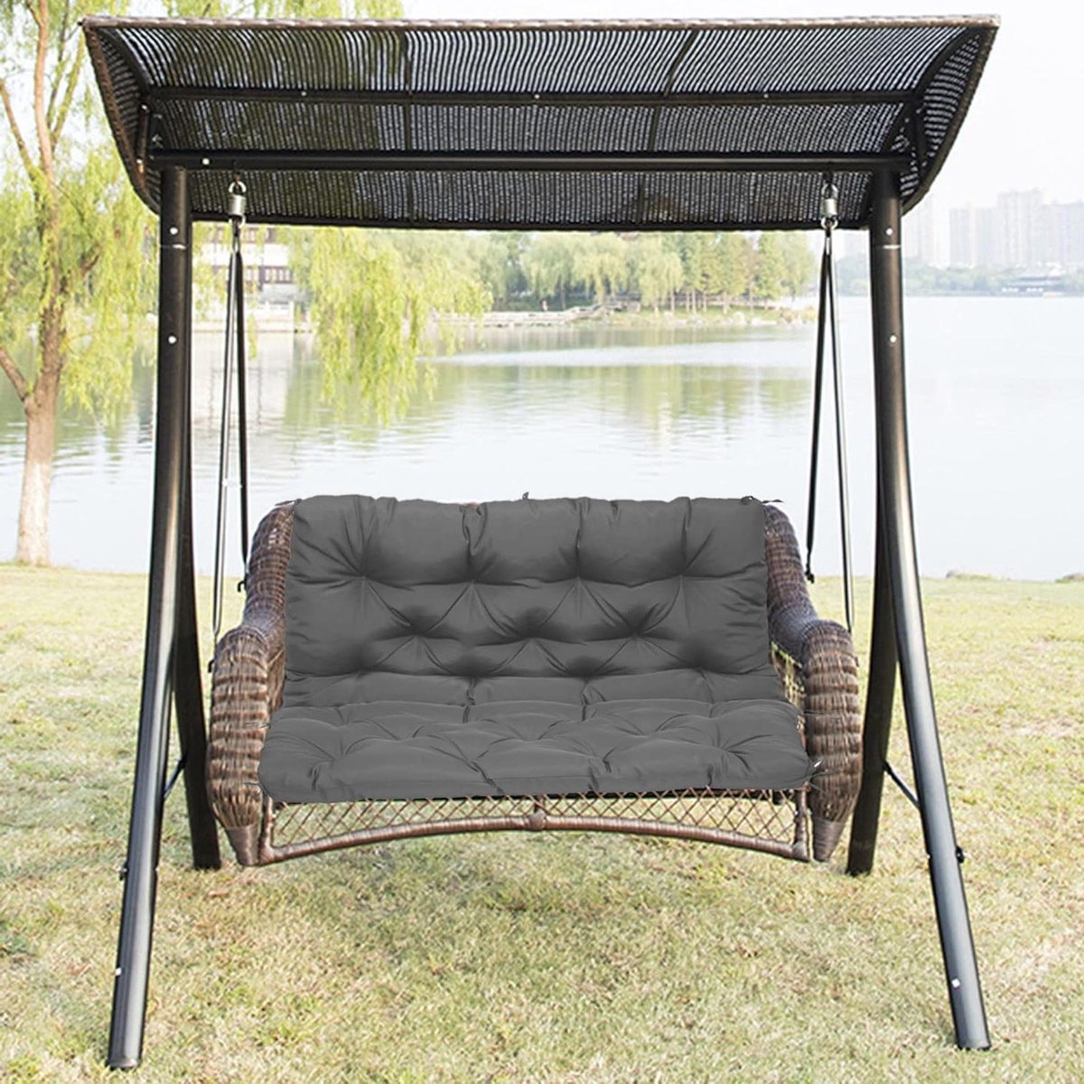 Tuinbank Kussen - Schommelmat - Buiten Ontspannen - Met Rugleuning - 100x100x10cm - Donkergrijs