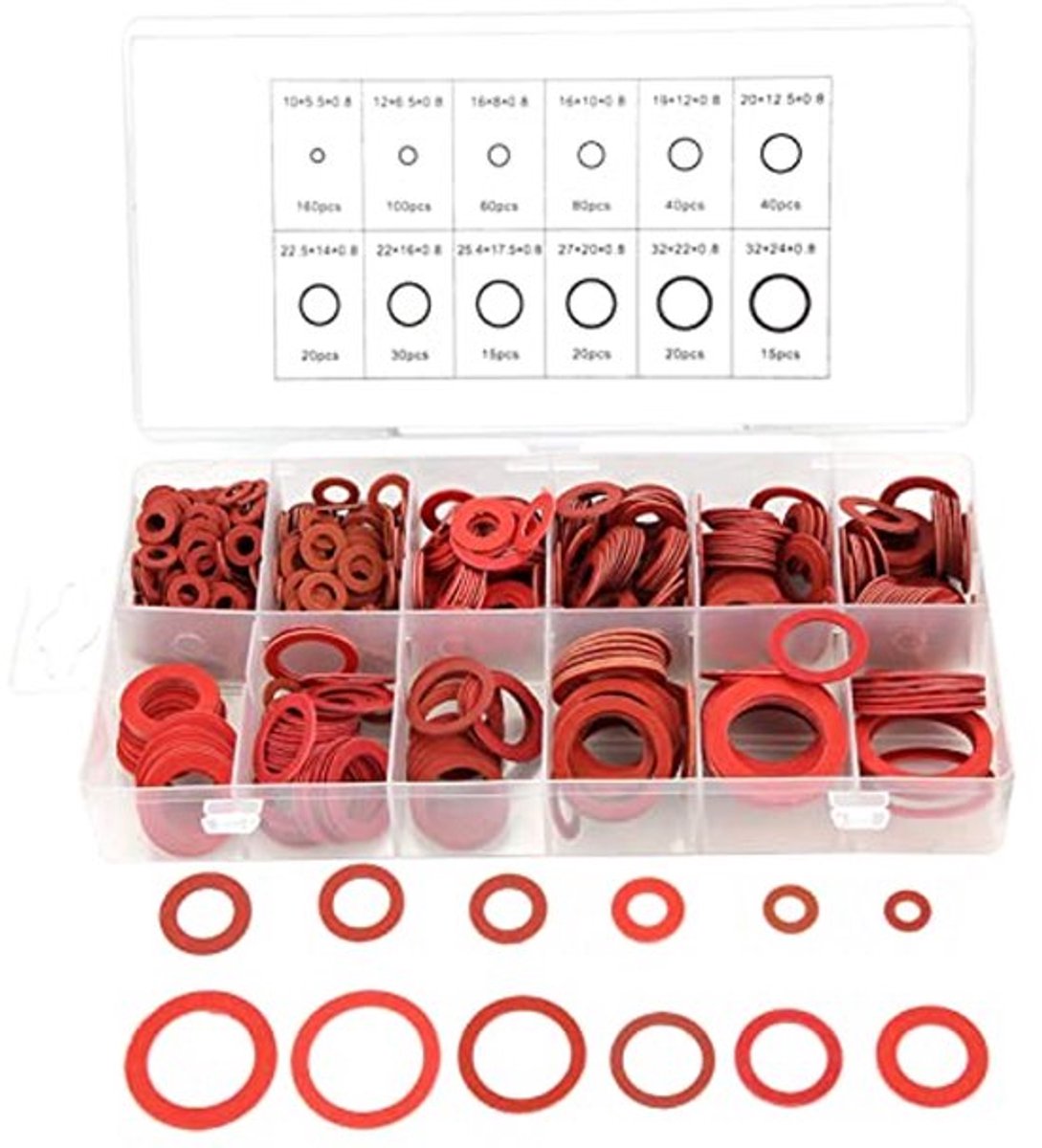 600 stuks sluitringen kit, 12 maten rood staal papier vezel platte ringen kit huishoudelijke automotive marine isolatie wasmachine diverse set met doos (#1), pakking borgring