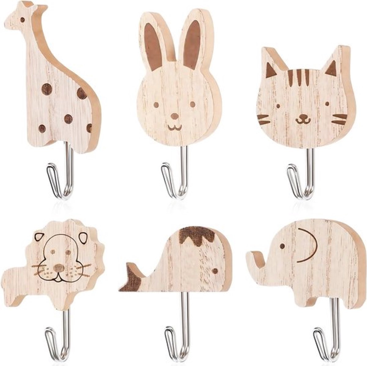 Verpakking van 6 schattige dierenkledinghaken - Zelfklevende houten cartoonachtige dierenwandhaken - Olifant - Walvis - Kat - Leeuw - Konijn - Giraf - Garderobe haken - Kinderkamer - Badkamer - Keuken