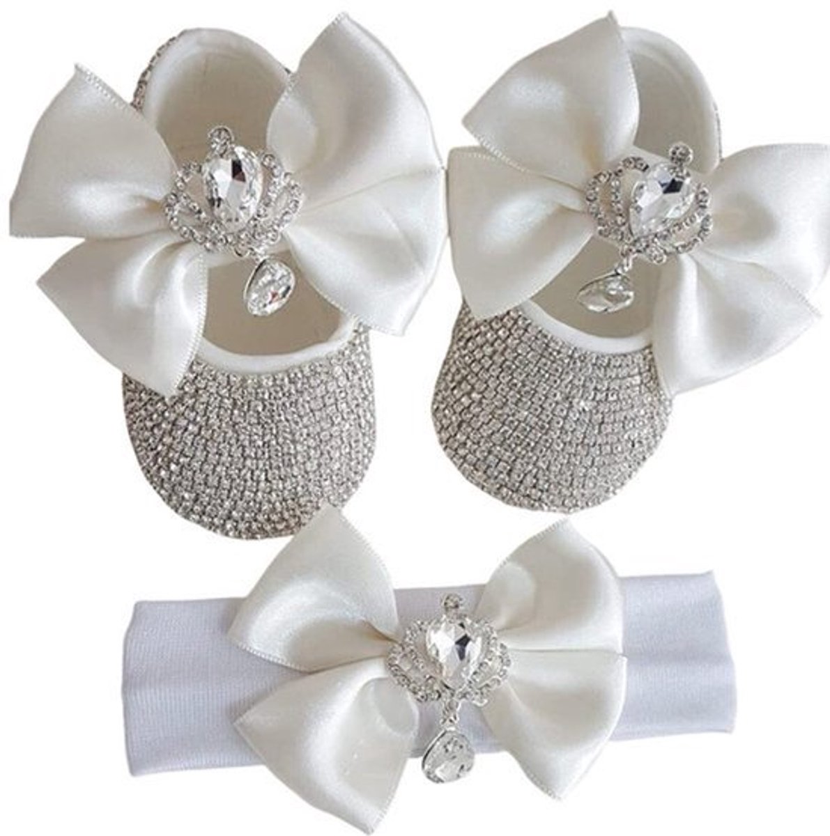 Babymeisjes Schoen Set - Witte Bandjes schoenen en Kristal Kroon - 0-6 maanden - 12 cm
