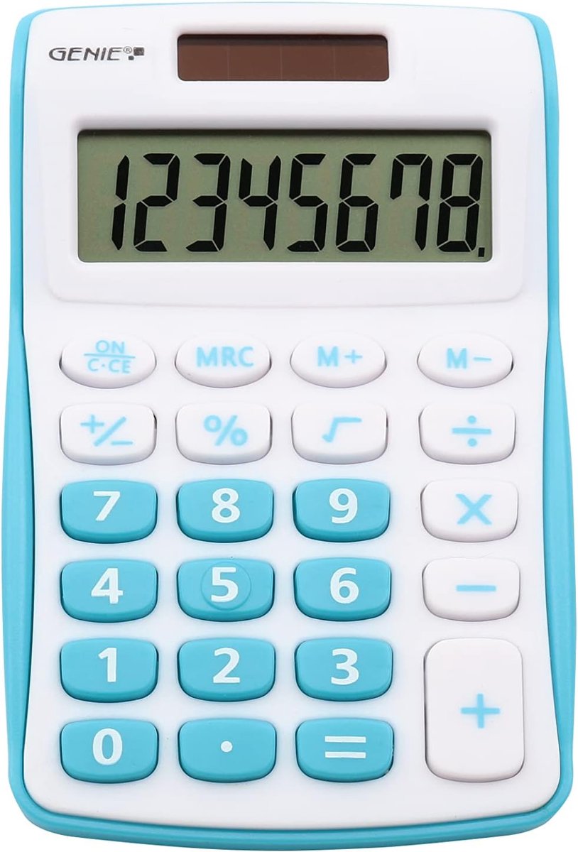 SnelShoppen - Compacte 8-cijferige rekenmachine met grote, schuin afgelezen display, dual power (zonne-energie en batterij), geheugenfunctie en kleurr