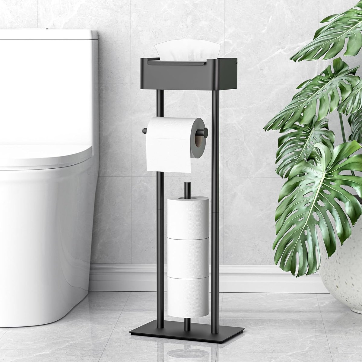 SnelShoppen - Vrijstaande Toiletpapierhouder met Nat Wipes Doos - Stabiele Toiletrolstandaard voor 4 Rollen - RVS Matt Zwart - Ideaal voor Badkamer en