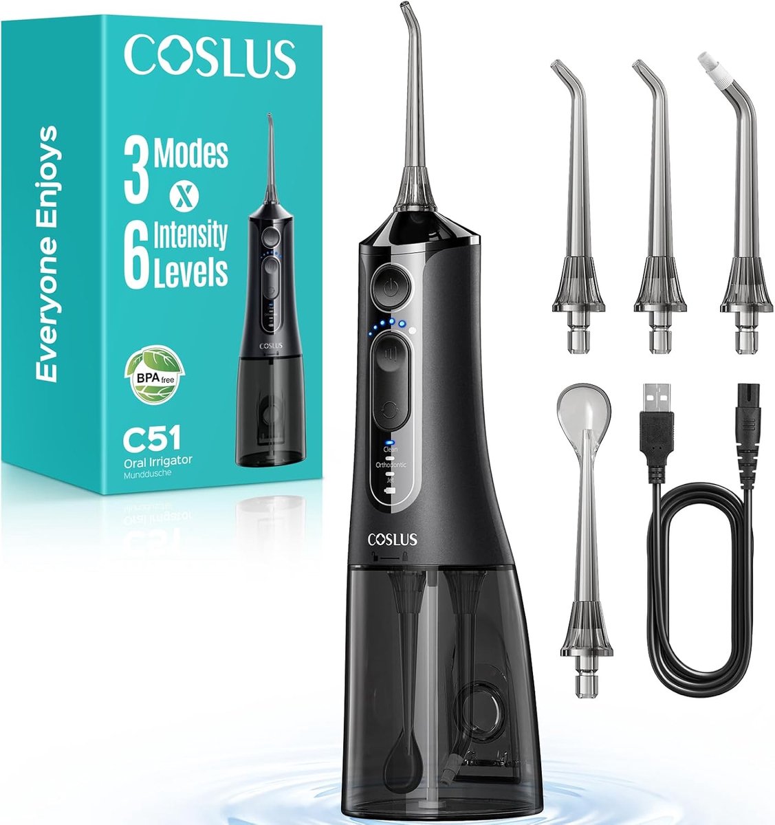 SnelShoppen - COSLUS Draagbare Mond Irrigator C - Zwart - Waterflosser voor Tanden en Tandvlees - Perfect voor Thuis, Reizen en Camping - Compact en E