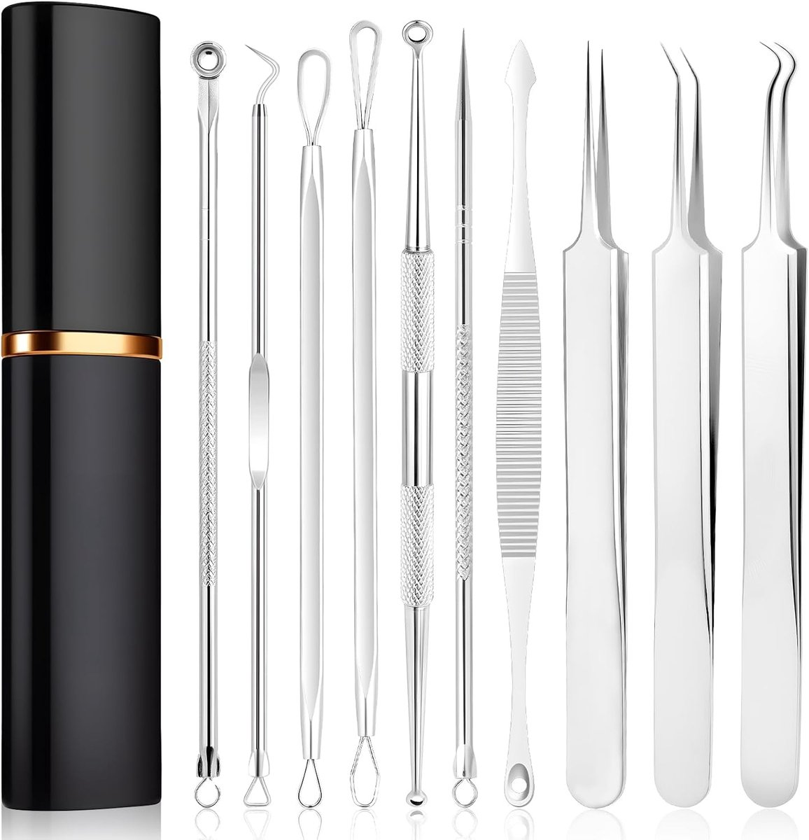 SnelShoppen - Professionele Comedonen Verwijderaar Kit - 10-in-1 Set voor het Verwijderen van Comedones, Puistjes en Onzuiverheden - RVS Gereedschap m