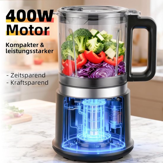 SnelShoppen - Krachtige 400W Keukenmachine met 2 Snelheden & Pulsefunctie - 4 RVS Messen & Klopper - 0.95L Afneembare Kom voor Hakken, Mengen, Emulger van Snelshoppen — afbeelding 4
