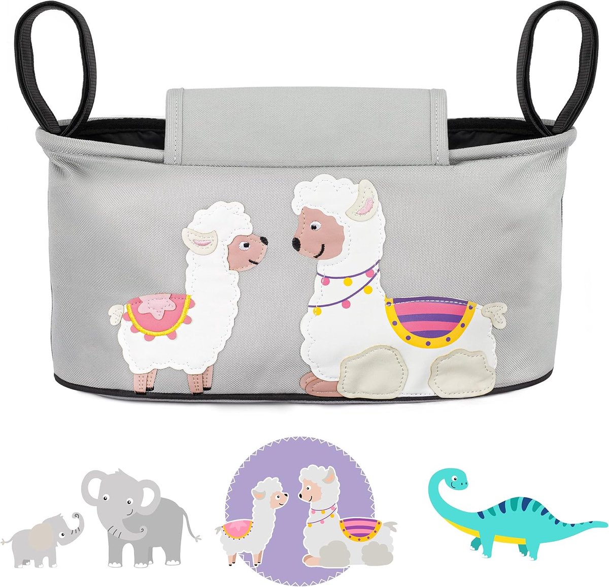 SnelShoppen - Stroller Organizer voor Kinderwagen - 12 Motieven - Ruime Buggy Tas met Natdoekjeshouder - Babyopslag voor Pram - Grijze Alpaca Design