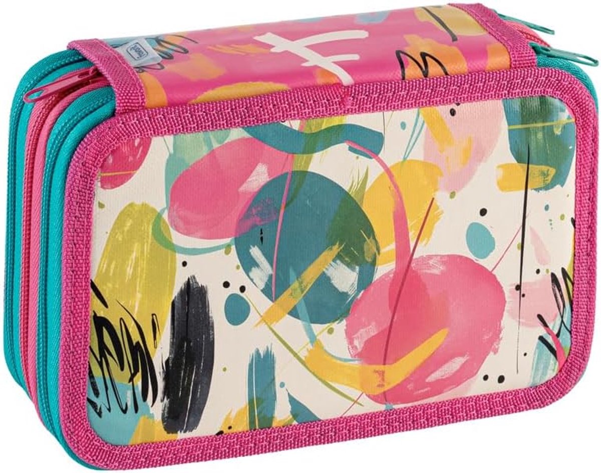 Thijox - Pennenetui met 3 Vakken voor School, Inclusief Schrijfwaren, 20x13x7,5 cm, Roze, Met Ritssluiting en ART Opdruk, Perfect voor Kinderen en Stu