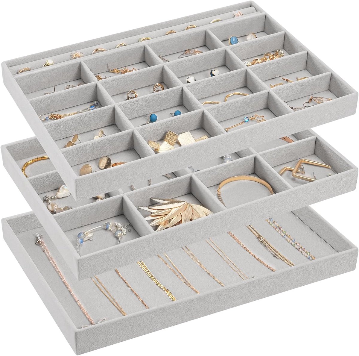Thijox - ProCase Sieraden Lade Organizer Set van 3 Stapelbare Sieraden Organisator Display Trays voor Armbanden Oorbellen Ringen - Grijs voor Dames en