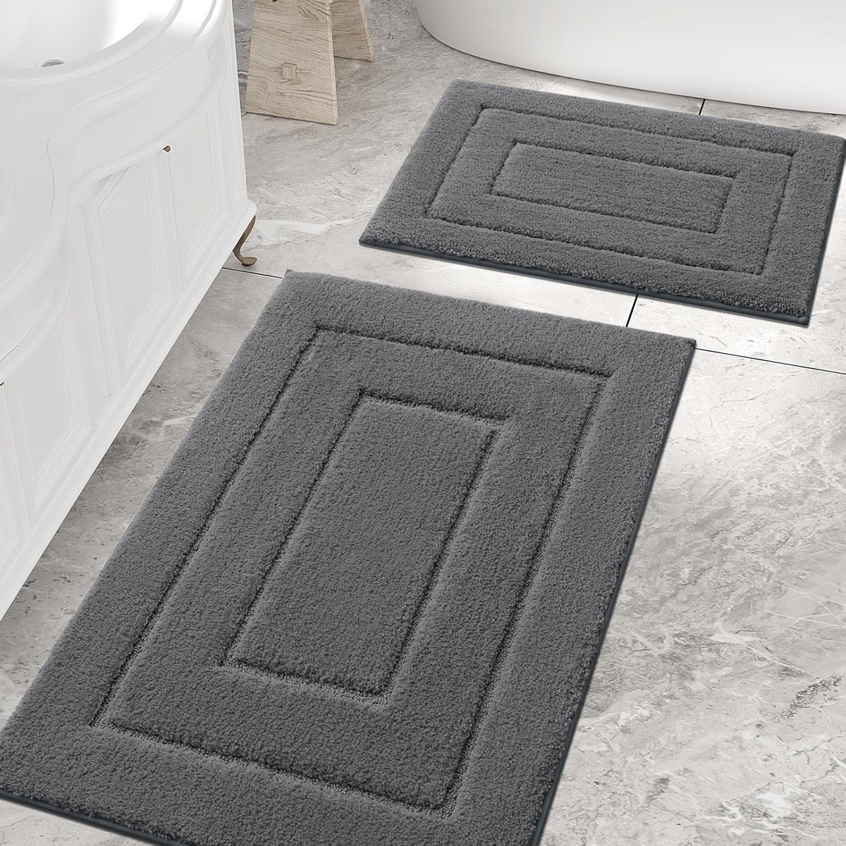 SnelShoppen - Microfiber Badkamer Tapijt Set 2 Stuks, 40x60 + 60x90 cm, Donkergrijs, Antislip, Wasbaar, Waterabsorberend, Zacht en Comfortabel voor Ba