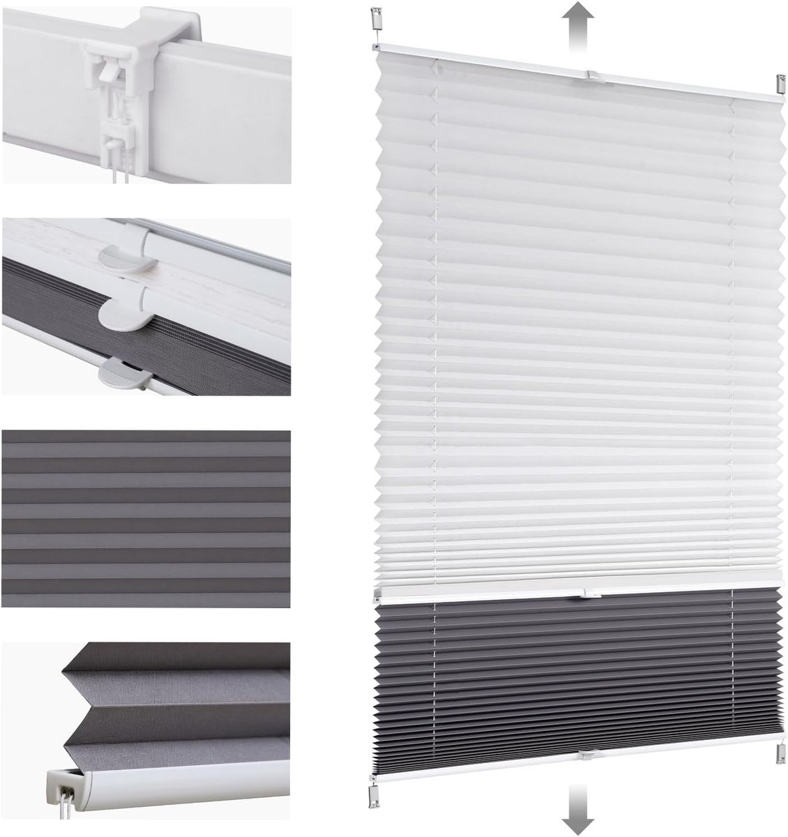 SnelShoppen - Pleated Double Pleated Rolgordijn Zonder Boren 60x200 cm - Zwart en Grijs - Lichtdoorlatend en Donkerte - Ideaal voor Woonkamer, Slaapka