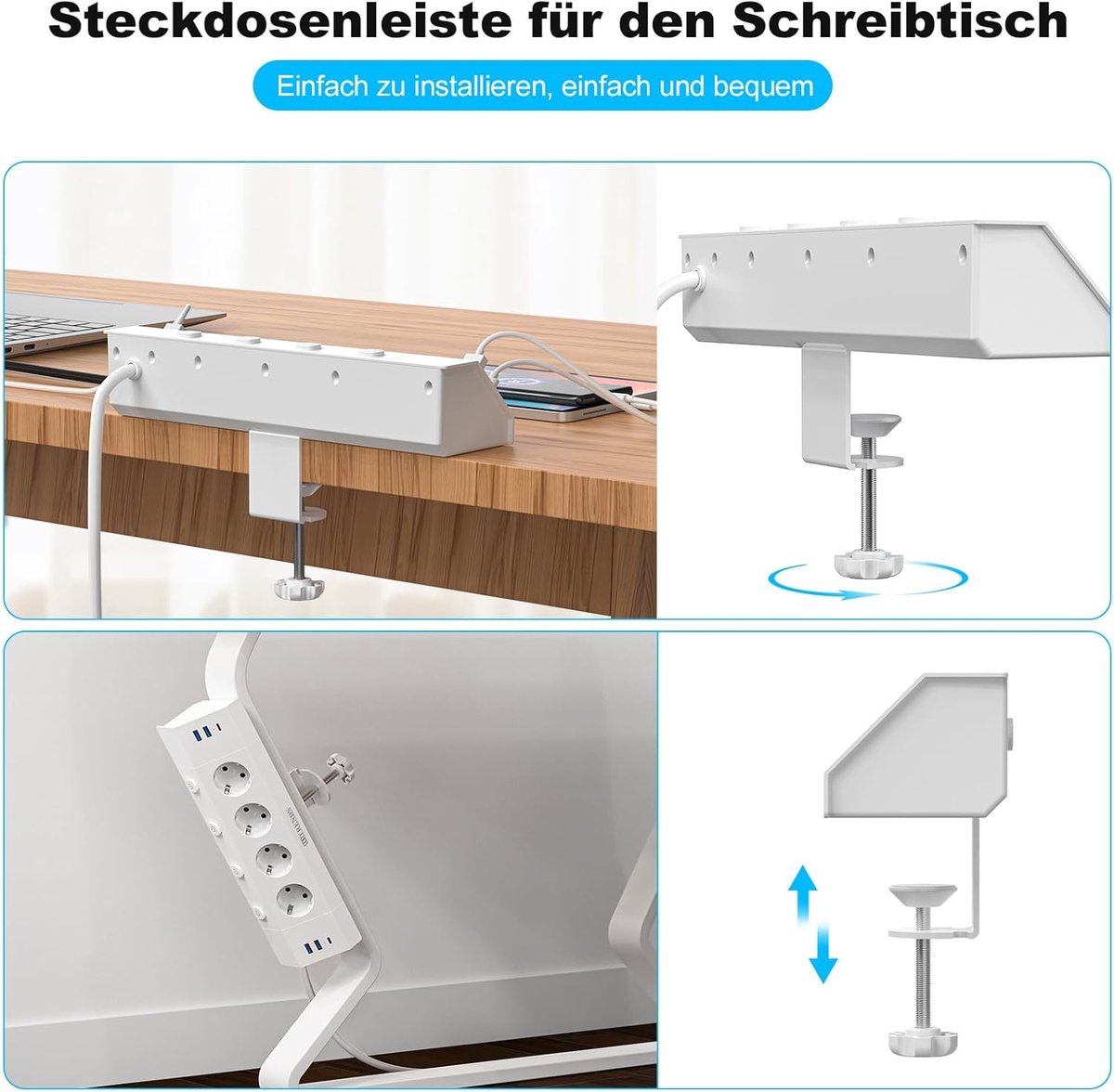 SnelShoppen - Table socket met USB, 4-voudige stekkerdoos, bureau met enkele schakelaar, 10-in-1 hoekstopcontact met 4 USB A en 2 USB C (PD 20 W), 3 m
