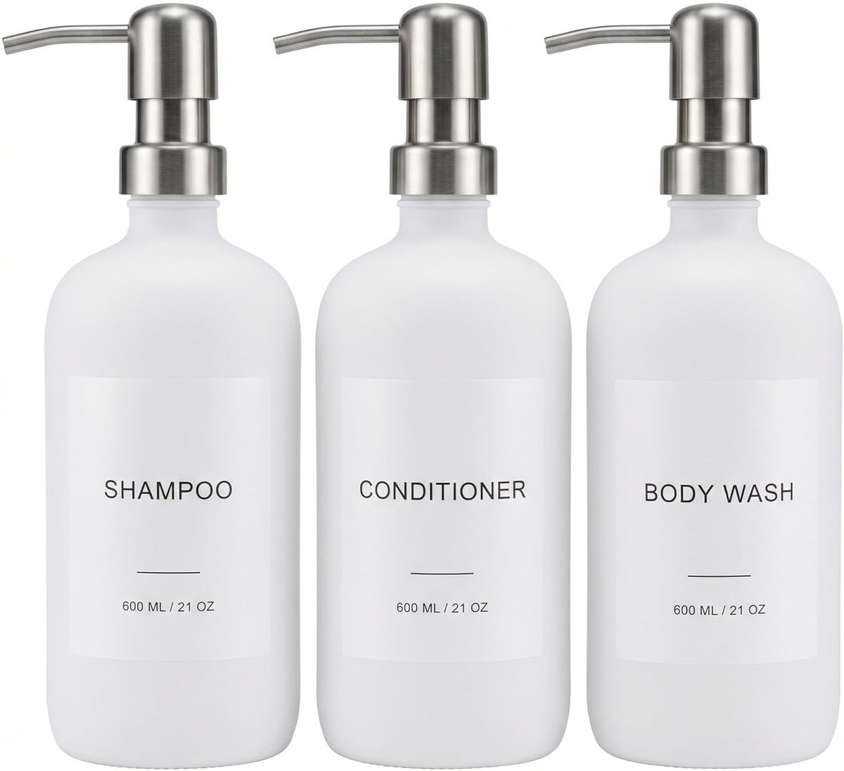 SnelShoppen - Shampoo en Conditioner Dispenser Set van 3 - RVS Pomp - 600 ml - Vullbare PET Doucheflessen - Wit/Zilver met Labels en Trechter
