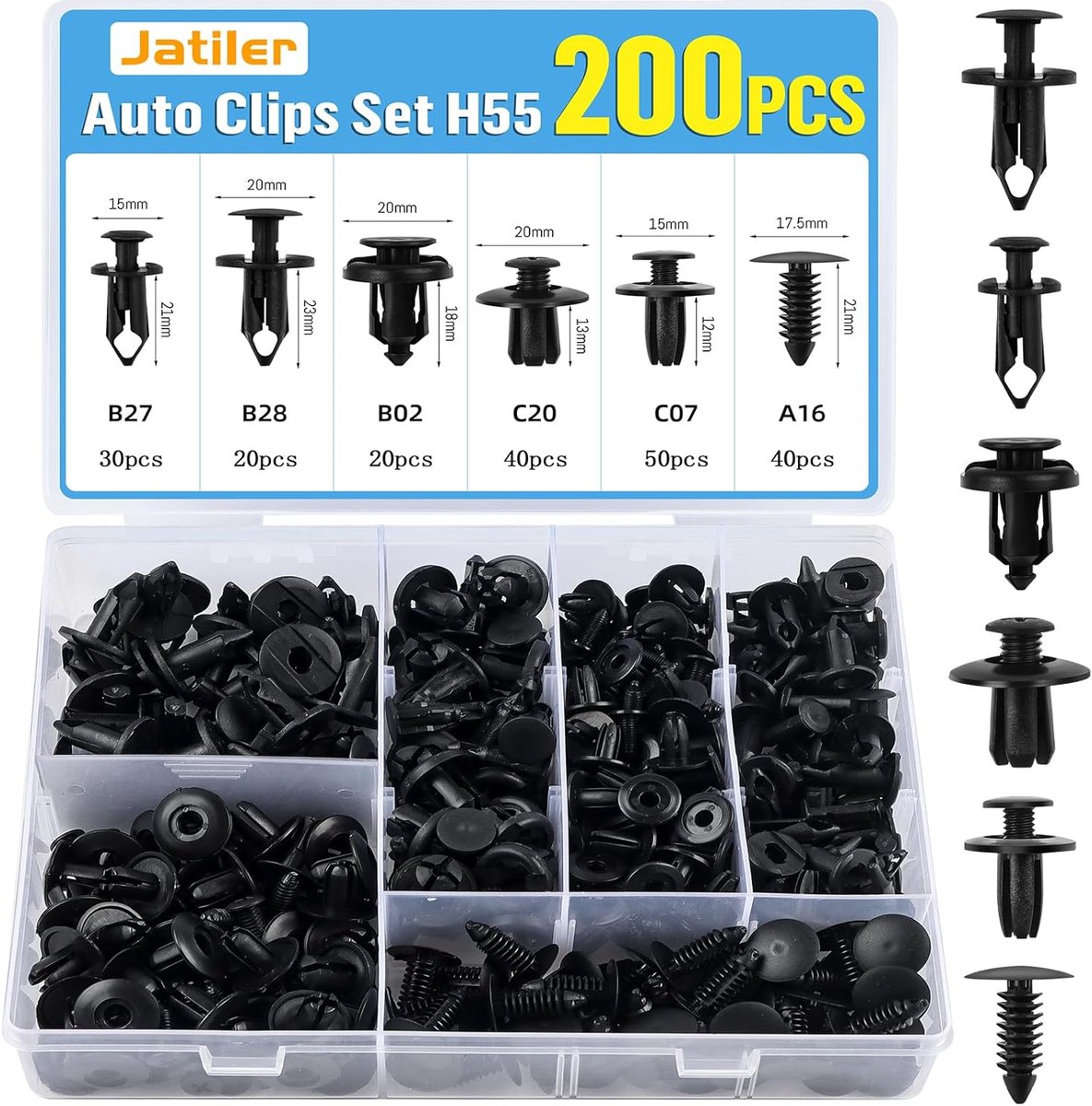 SnelShoppen - Pack van 200 Universele Auto Clips, H55 Auto Clips, 6 Soorten Spreader Rivets, Duurzame Nylon Plastic Rivets, Body Clips, Montage Kit vo