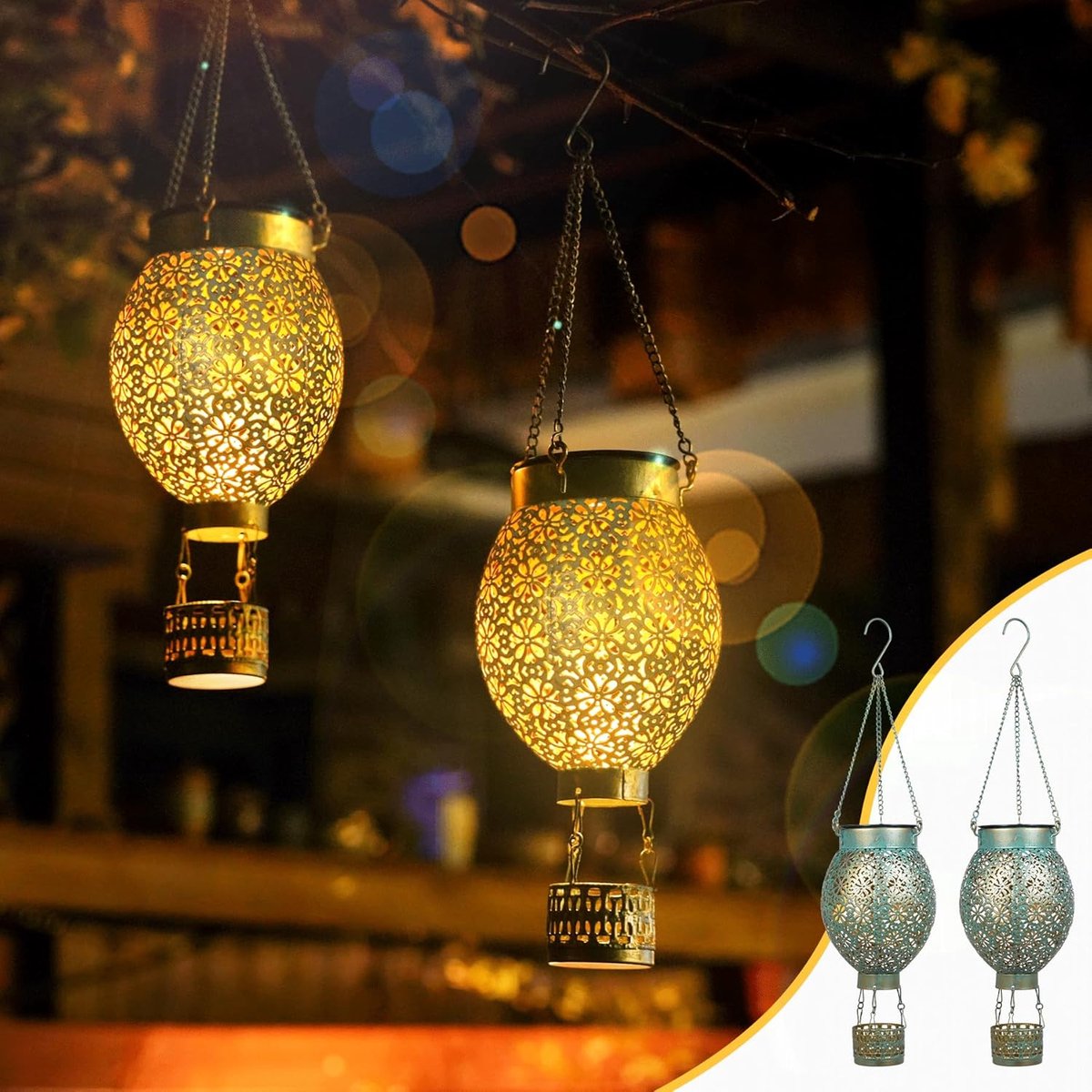 SnelShoppen - 2x Solar Hanglampen Warmteballon LED Tuinverlichting Buiten Decoratie Metalen Lantaarn IP65 Weerbestendig Geschenk Voor Vader, Moeder, T