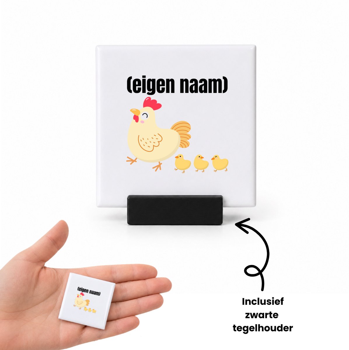 Hacebo kip met kuikens met eigen naam tegeltje met tegelhouder - Kippen - kippen liefhebbers - tegeltjes met tekst - iemand die houdt van kippen - verjaardag - cadeau - kado - spreuktegels - 4.8x4.8 CM Wit
