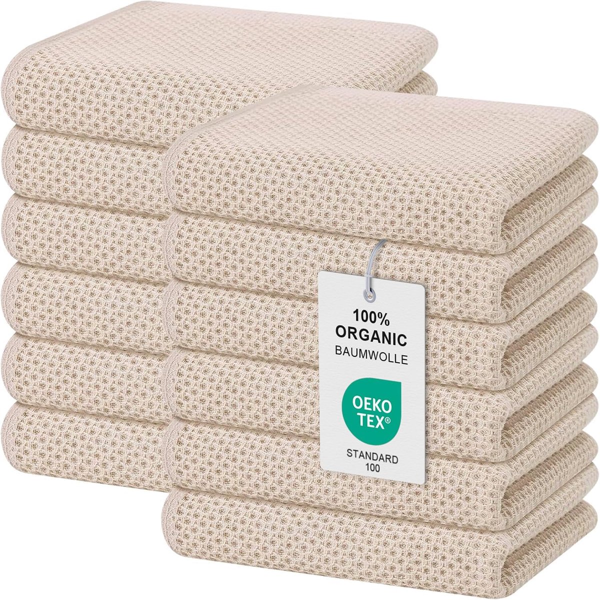 SnelShoppen - 12 Stuks Theedoeken 100% Katoen, Absorberend, Zachte Keuken Doeken, 32 x 72 cm, Beige, Premium Draagbare Keuken Handdoeken, Wafelpatroon