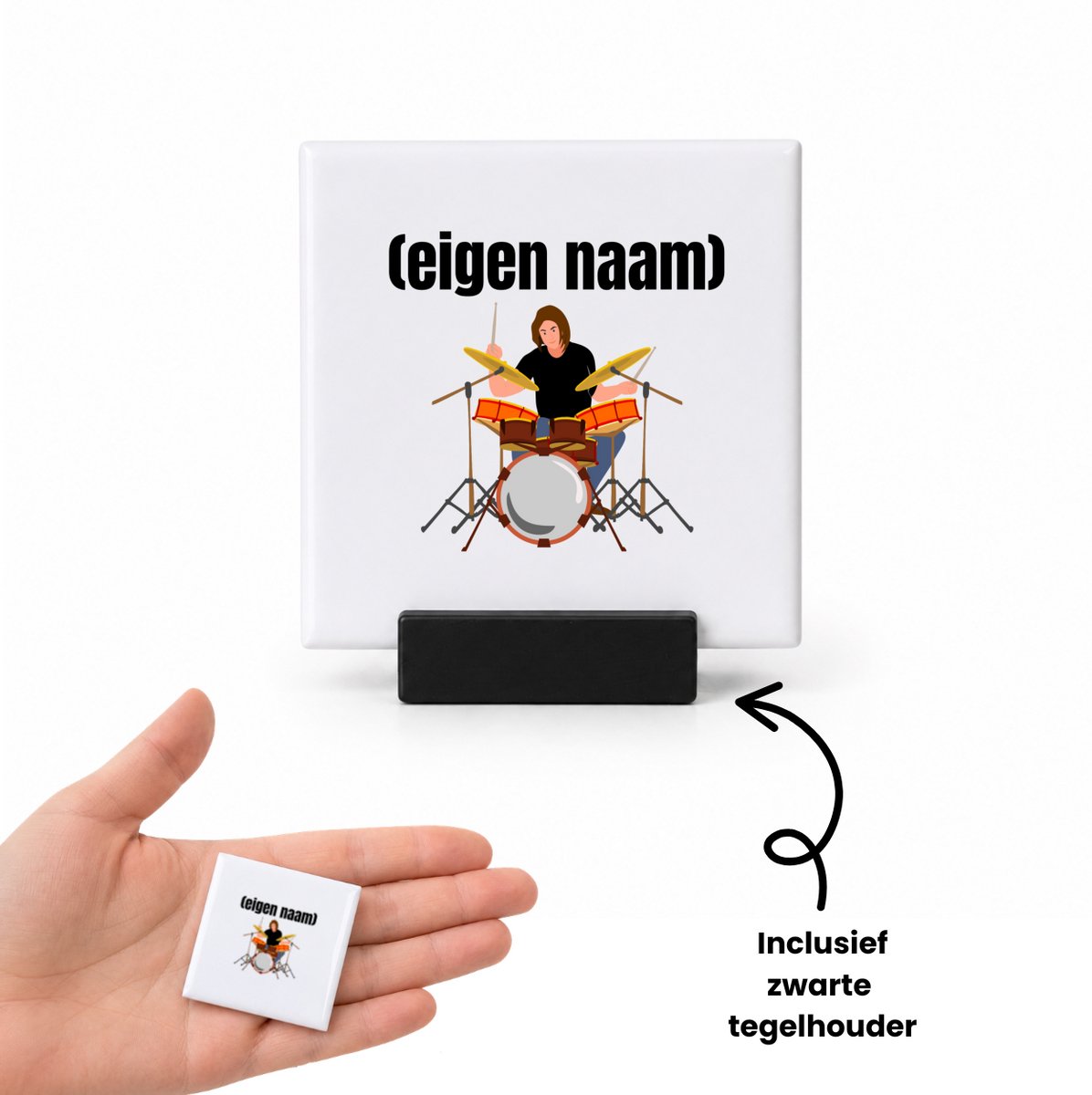 Hacebo drummer met drumstel met eigen naam tegeltje met tegelhouder - Drummen - muziek liefhebbers - tegeltjes met tekst - drummers - drumstel - verjaardag - cadeau - kado - spreuktegels - 4.8x4.8 CM Wit