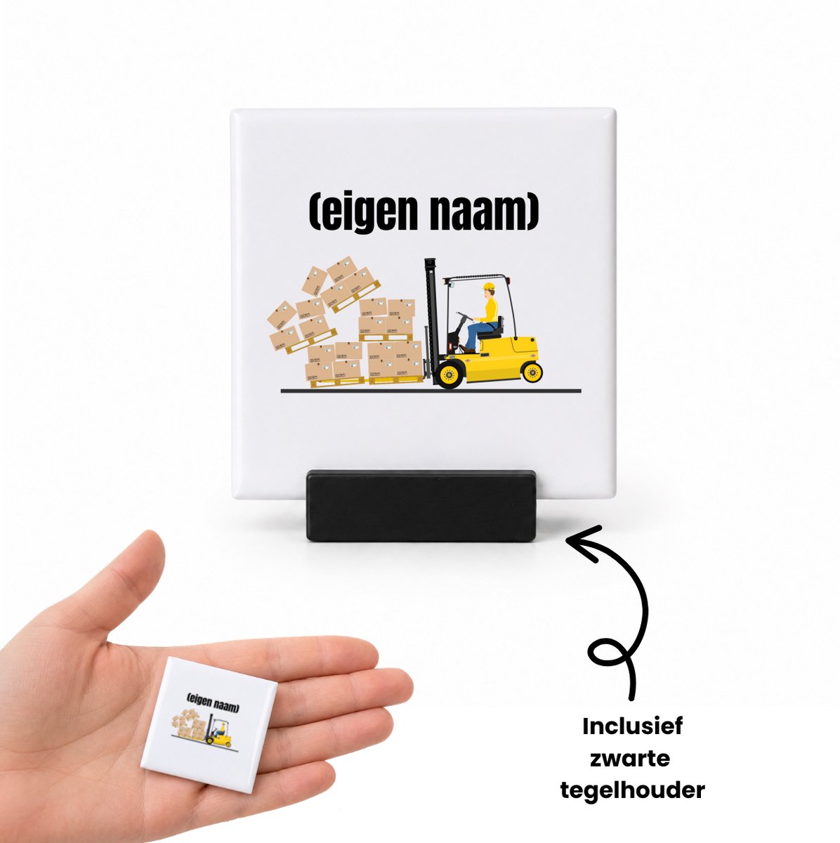 Hacebo heftruck met vallende pallet met eigen naam tegeltje met tegelhouder - Heftruck - mensen die werken in de magazijn - tegeltjes met tekst - collega's - verjaardag - afscheidscadeau - geschenk - kado - spreuktegels - 4.8x4.8 CM Wit