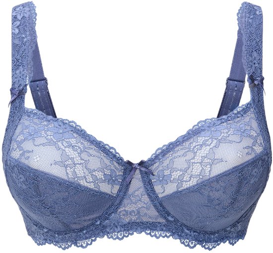 Soutien-gorge à armatures LingaDore bleu avec bonnets en dentelle. Le soutien-gorge a un nœud au centre et des bretelles réglables.