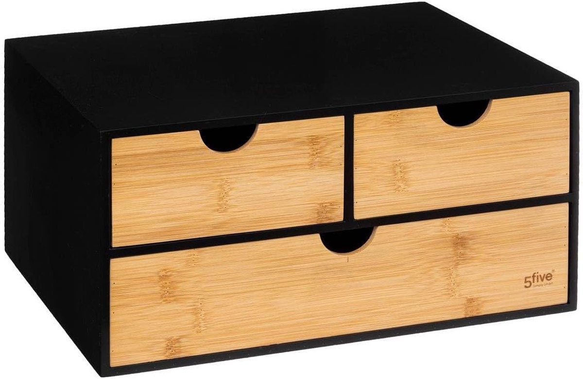 SnelShoppen - Desk Organizer Bava - Rectangular Opbergdoos met 3 Laden - Bamboo - Zwart - Perfect voor Thuis, Kantoor, Studie - 25.3 x 31 x H 16 CM