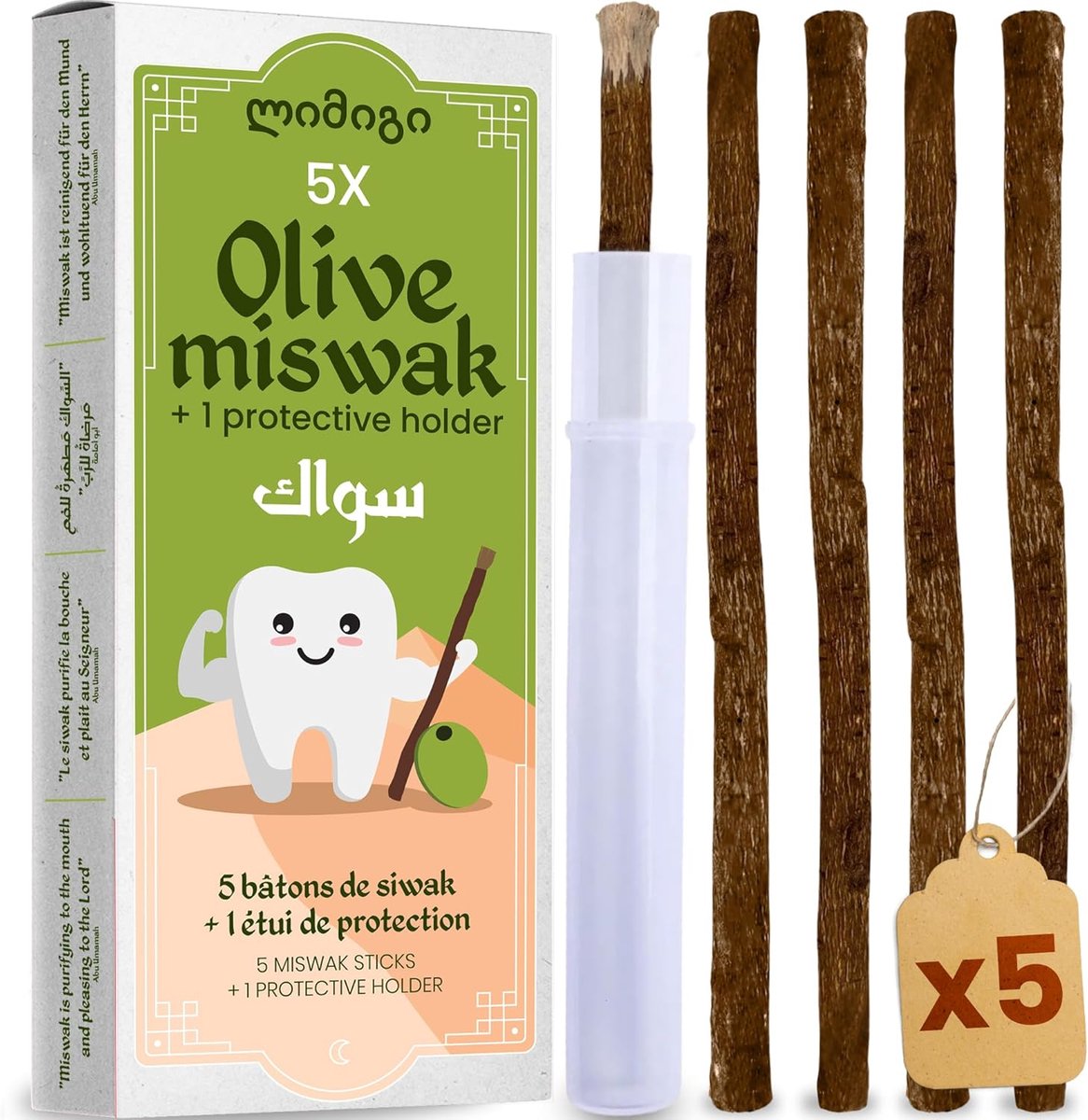 SnelShoppen - Miswak Sticks van Olijfhout x5 met Etui – Traditionele Siwak Tandenborstel – Natuurlijke & Duurzame Mondverzorging – Ecologische Alterna