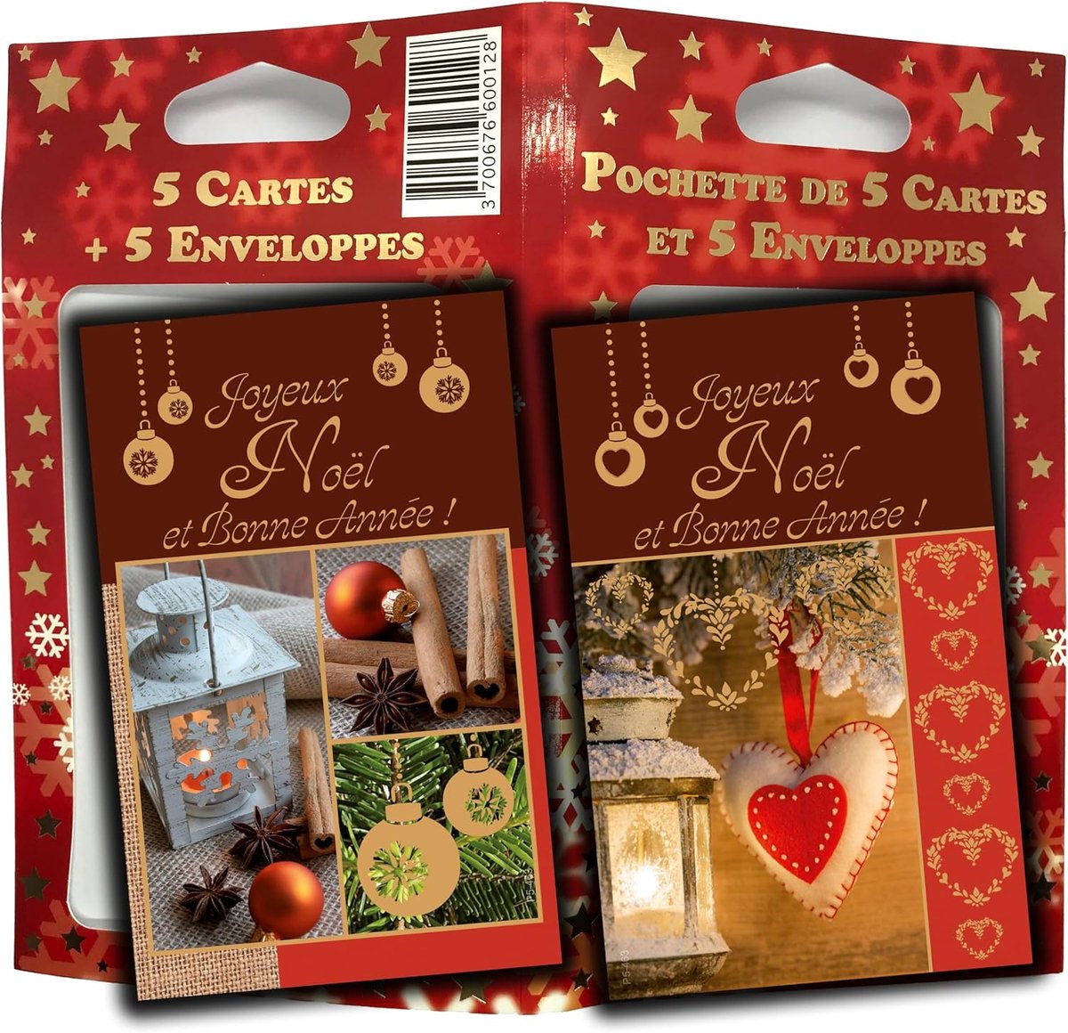 SnelShoppen - Set van 5 Gouden Kerstkaarten met Enveloppen 8.5 x 13.5 cm - Feestelijke Wenskaarten voor Kerst en Nieuwjaar - Luxe Franse Creatie