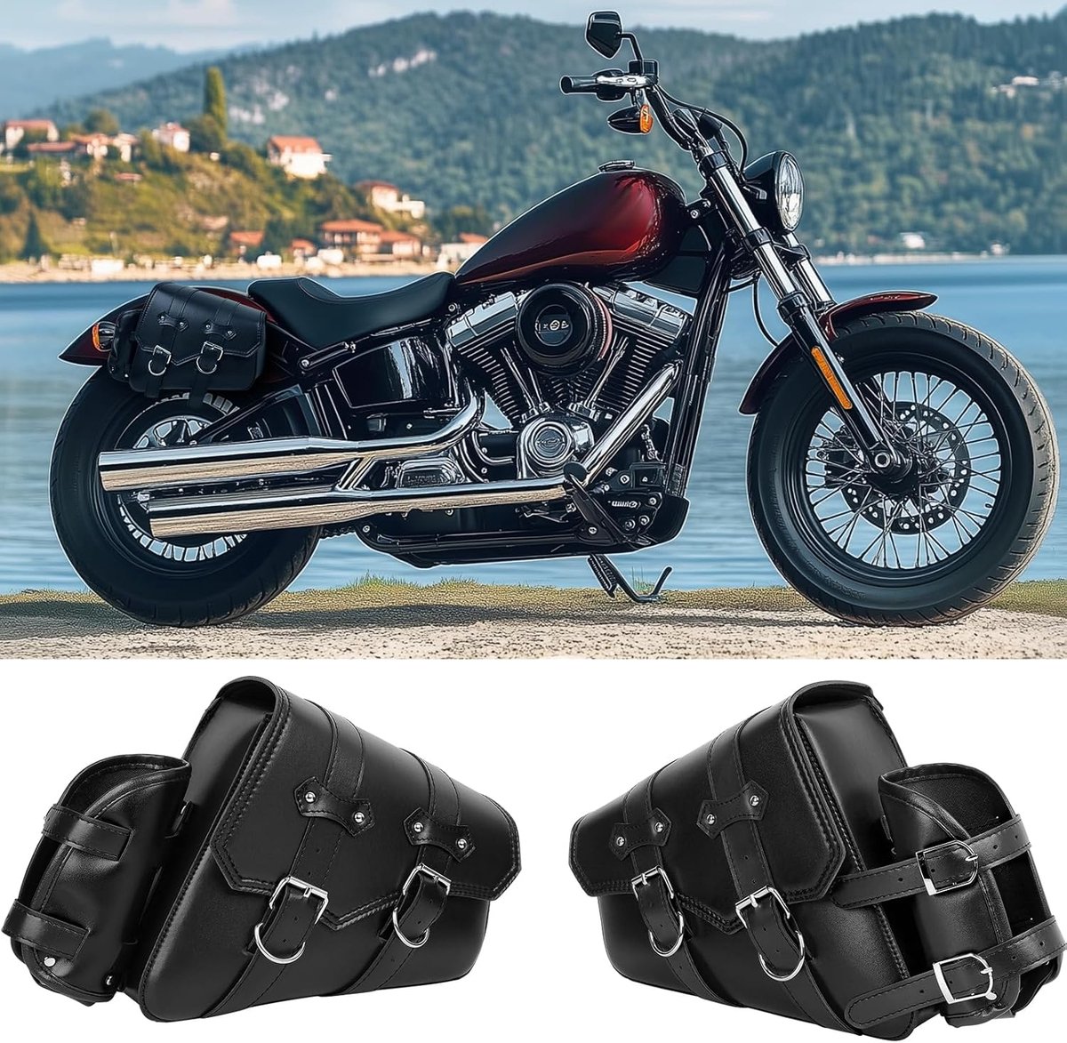 SnelShoppen - Motorzadeltas Zijvakken voor Motorfiets - Bekerhouders Links en Rechts - PU-leer - Compatibel met Harley, Sportster, Softail, Dyna, V-st