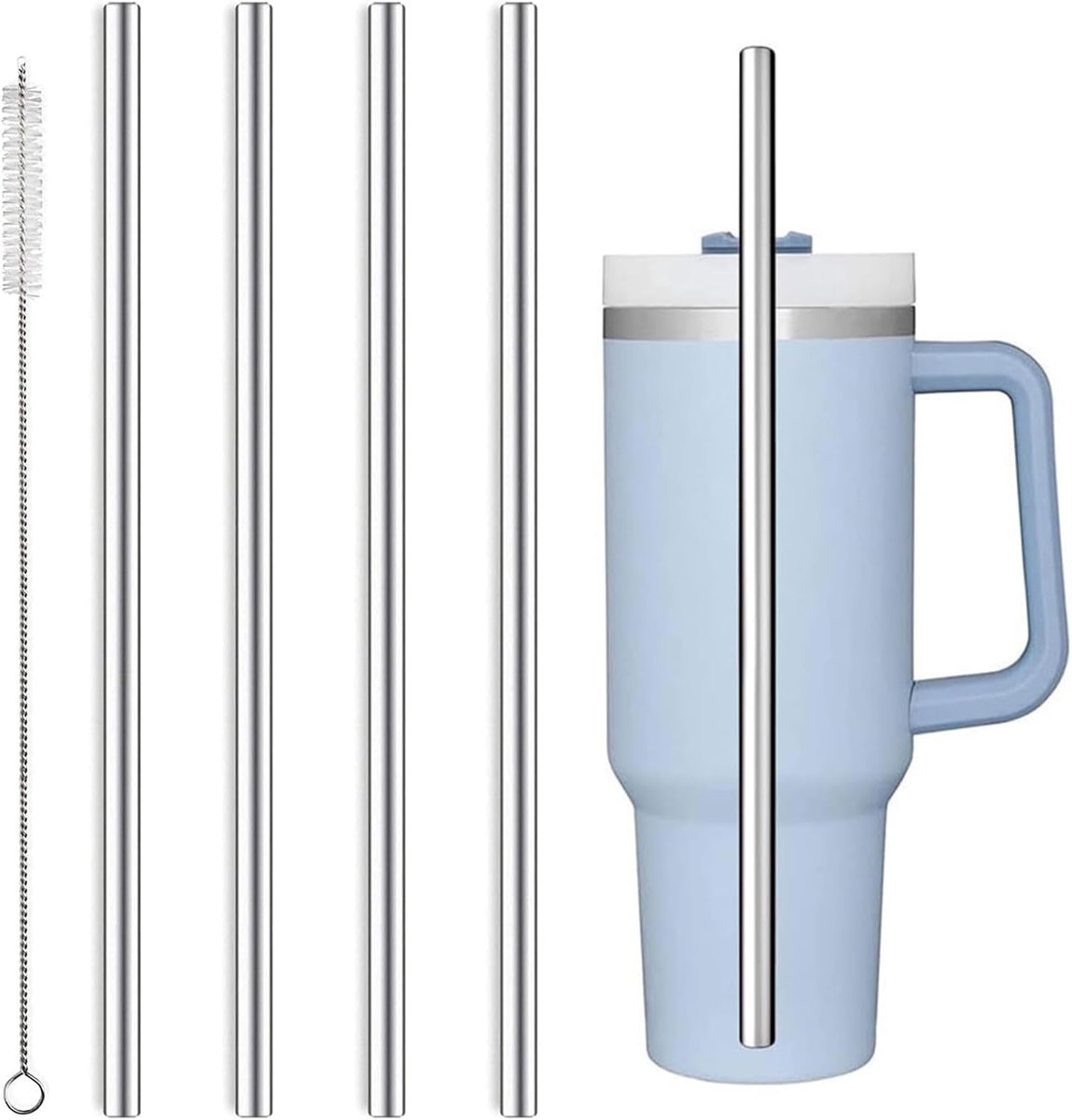 SnelShoppen - 4 roestvrijstalen rietjes 30 cm - herbruikbaar, onbreekbaar, ideaal voor smoothies, milkshakes, en meer - zilver - inclusief reinigingsb