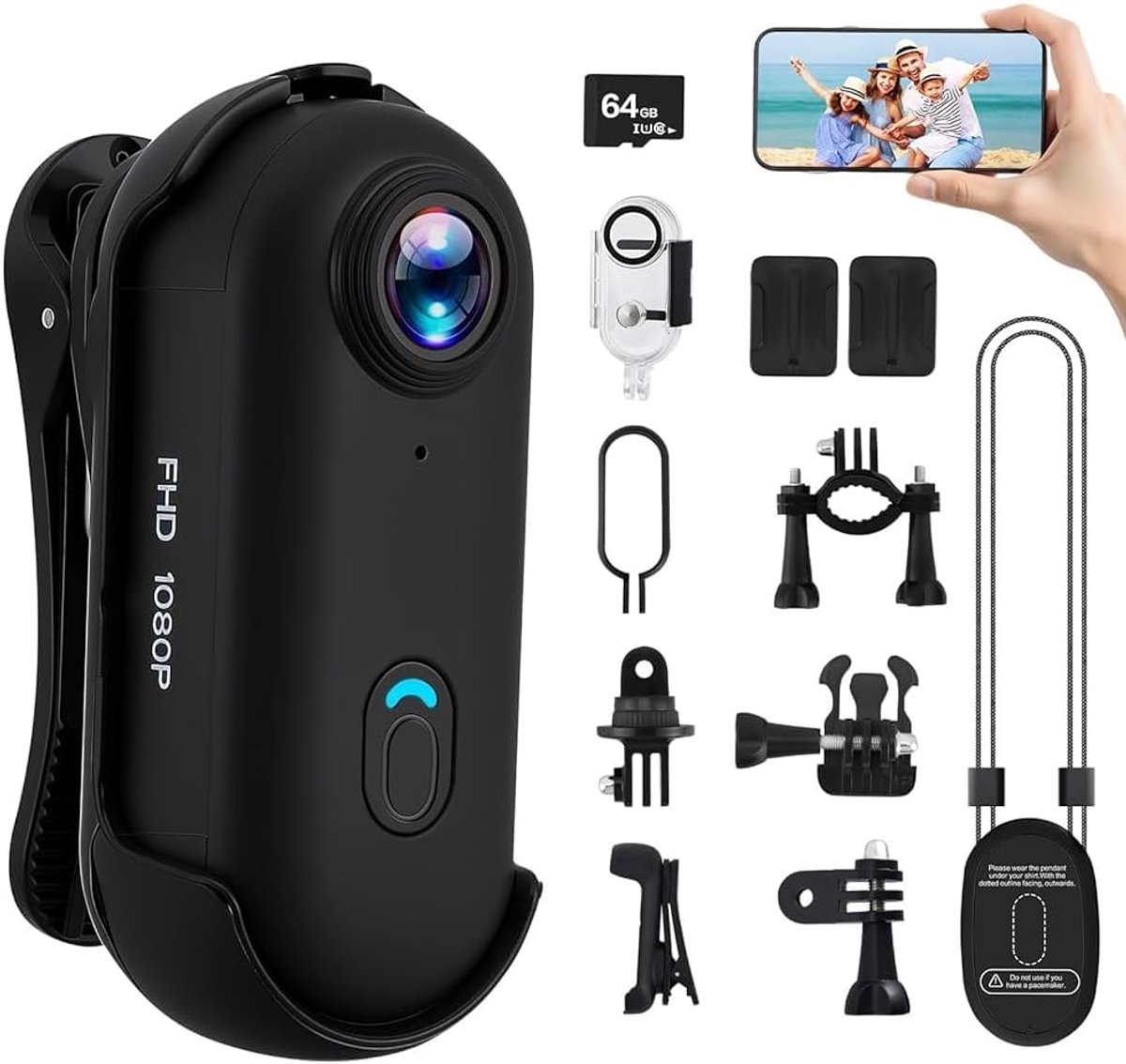 SnelShoppen - 4K Action Cam Waterdichte Camera 64GB Mini Bodycam Fietsdashcam WiFi Sportcamera Lichaamscamera Helmcamera Motorfiets met Magnetische en