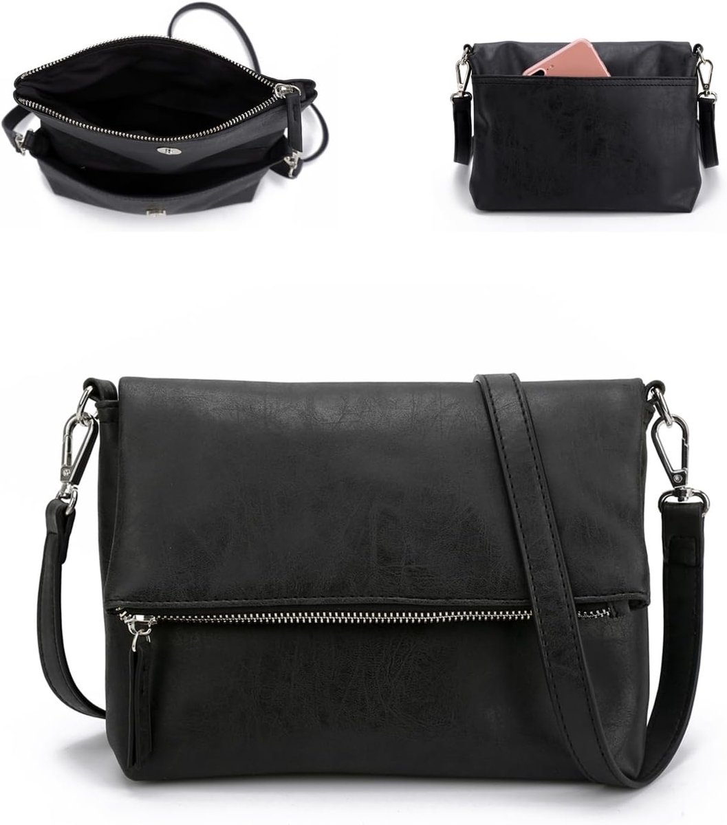 SnelShoppen - Gladdon Dames Schoudertas met 3 Compartimenten, Opvouwbare Clutch met Rits, Leren Crossbodytas, Verstelbare Schouderriem, Perfect voor F