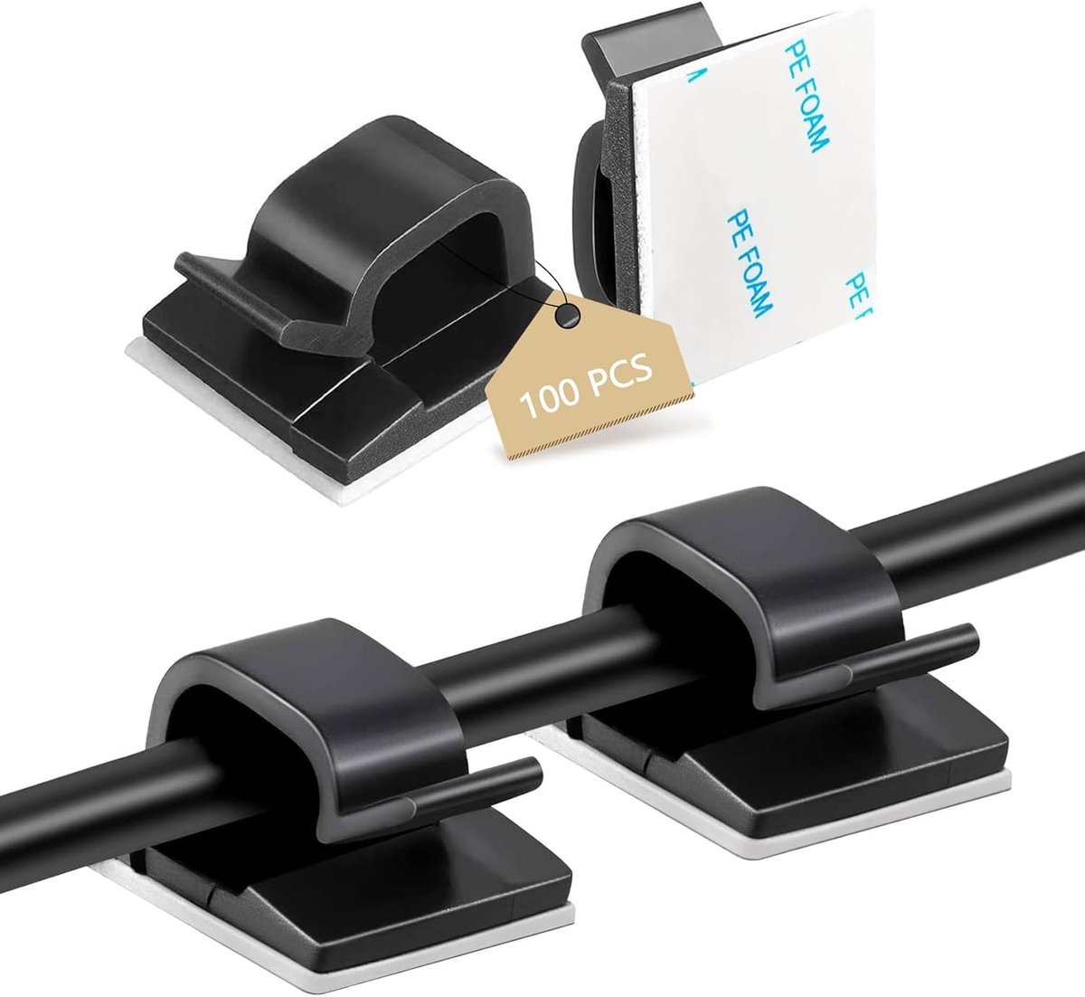 SnelShoppen - 100 Stuks Kabelhouders, Zelfklevende Kabelclips voor Kabelbeheer, Outdoor Indoor Kabelorganizer, Zwarte Kabelklemmen voor Lichtketting,