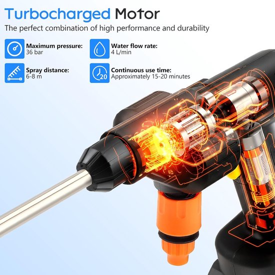 SnelShoppen - Draadloze Accu Hogedrukreiniger 21 V met 2 x 6000 mAh Accu, 36 Bar Mobiele Drukreiniger, 240 W Krachtig, 4 l/min Waterstroom voor Auto, van Snelshoppen — afbeelding 2