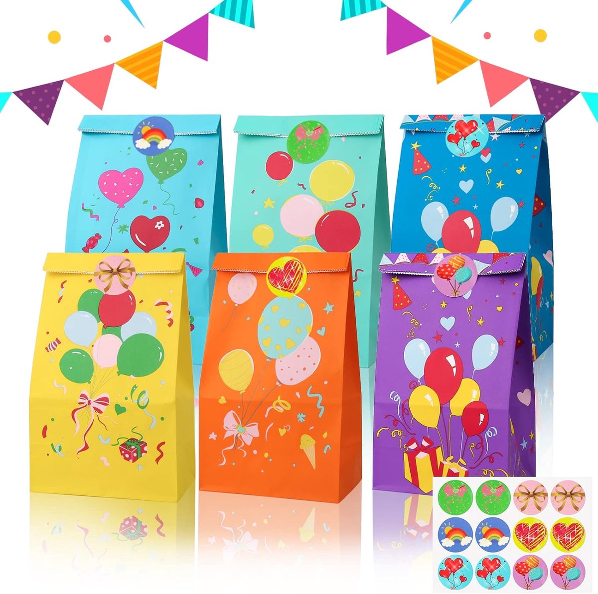 SnelShoppen - 18 Kleurrijke Papier Cadeauzakjes voor Kinderverjaardag - 6 Kleuren - Inclusief 24 Stickers - Perfect voor Feesten en Festivals
