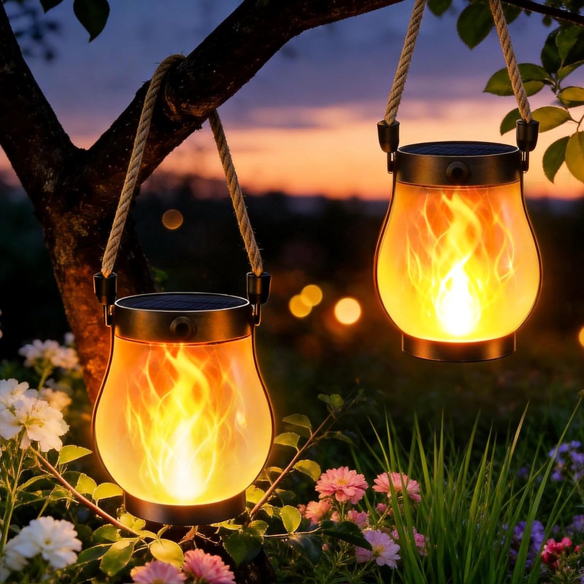 SnelShoppen - Zonne-energie Hanglamp met Wiegende Vlammen van Jute - Dansende Tuinlamp met
