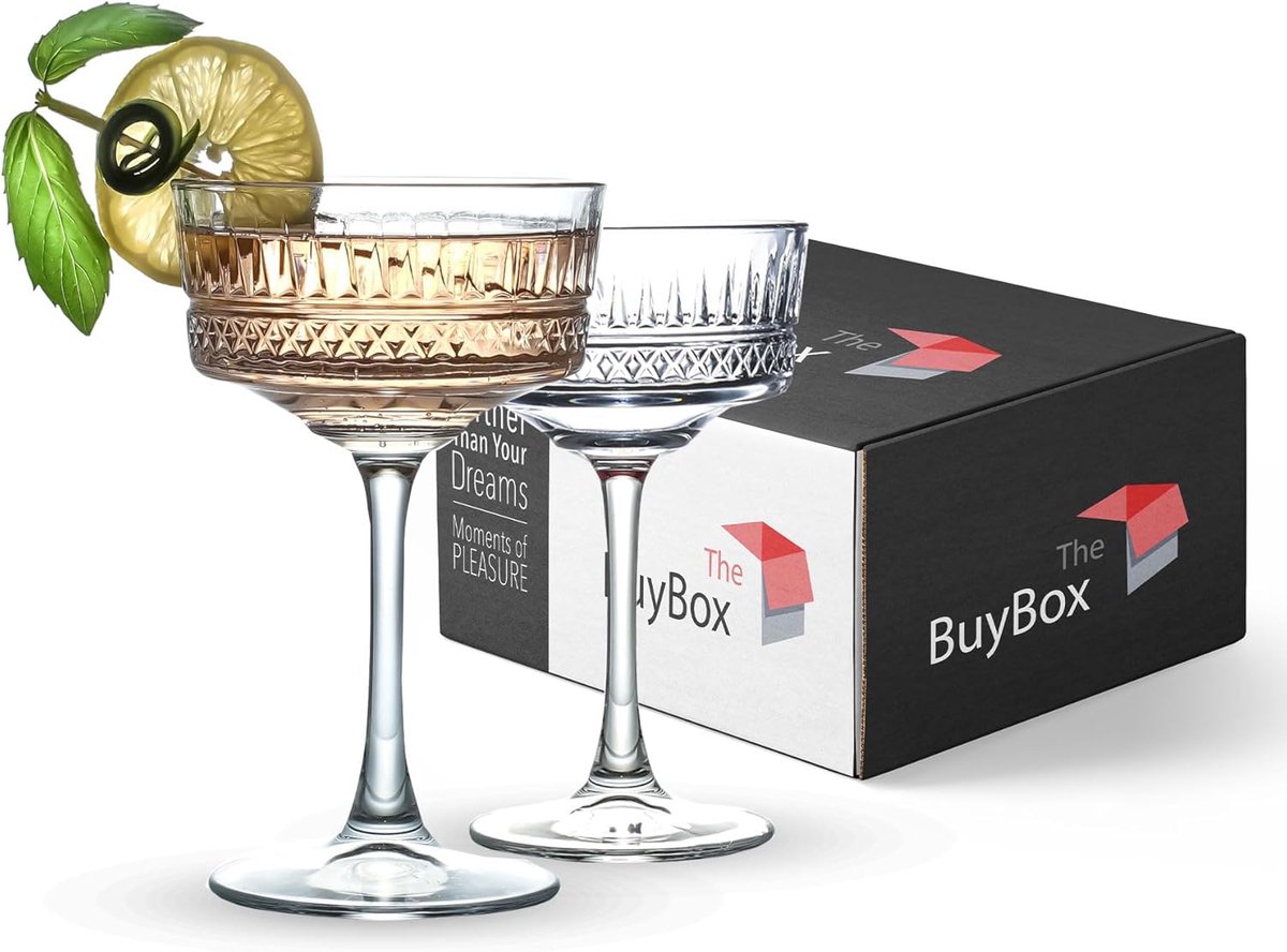SnelShoppen - Vintage Coupe Glazen Set van 2, Champagne, Cocktail, Martini, Wijn Glazen, Elegante Lange Steel (260 ml) voor Feest, Tuin en Keuken