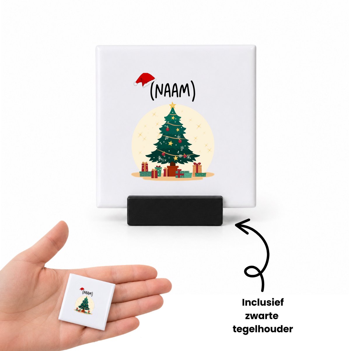 Hacebo Kerst kerstboom met eigen naam tegeltje met tegelhouder - Kerstmis - Kerst beker - tegeltjes met tekst - winter - kerst - christmas - kerst cadeau - spreuktegels - 4.8x4.8 CM Wit