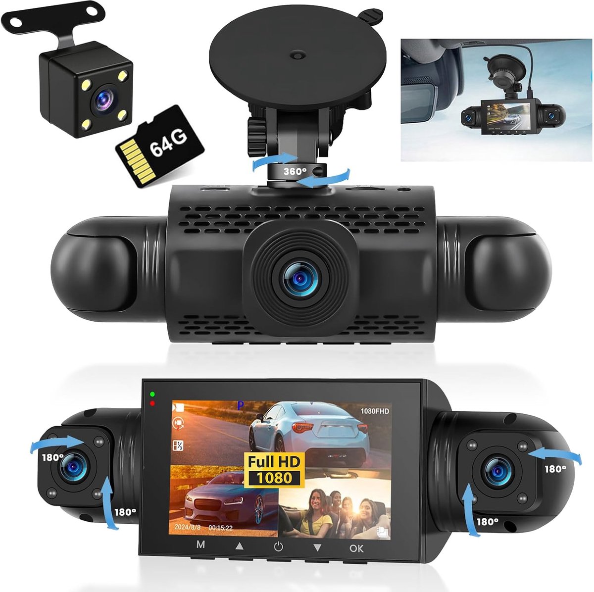 SnelShoppen - 4-kanaals auto dashcam 1080P met 64GB SD-kaart, 3 inch IPS-scherm, groothoek, IR-nachtzicht, G-sensor en lusopname voor optimale veiligh
