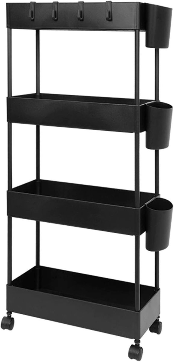 SnelShoppen - Mobiele Keuken Opslag Trolley 4 Laags met Haakjes & Bekers, Smal Ontwerp voor Nauwkeurige Ruimtes, Keuken, Badkamer, Kantoor, Zwart