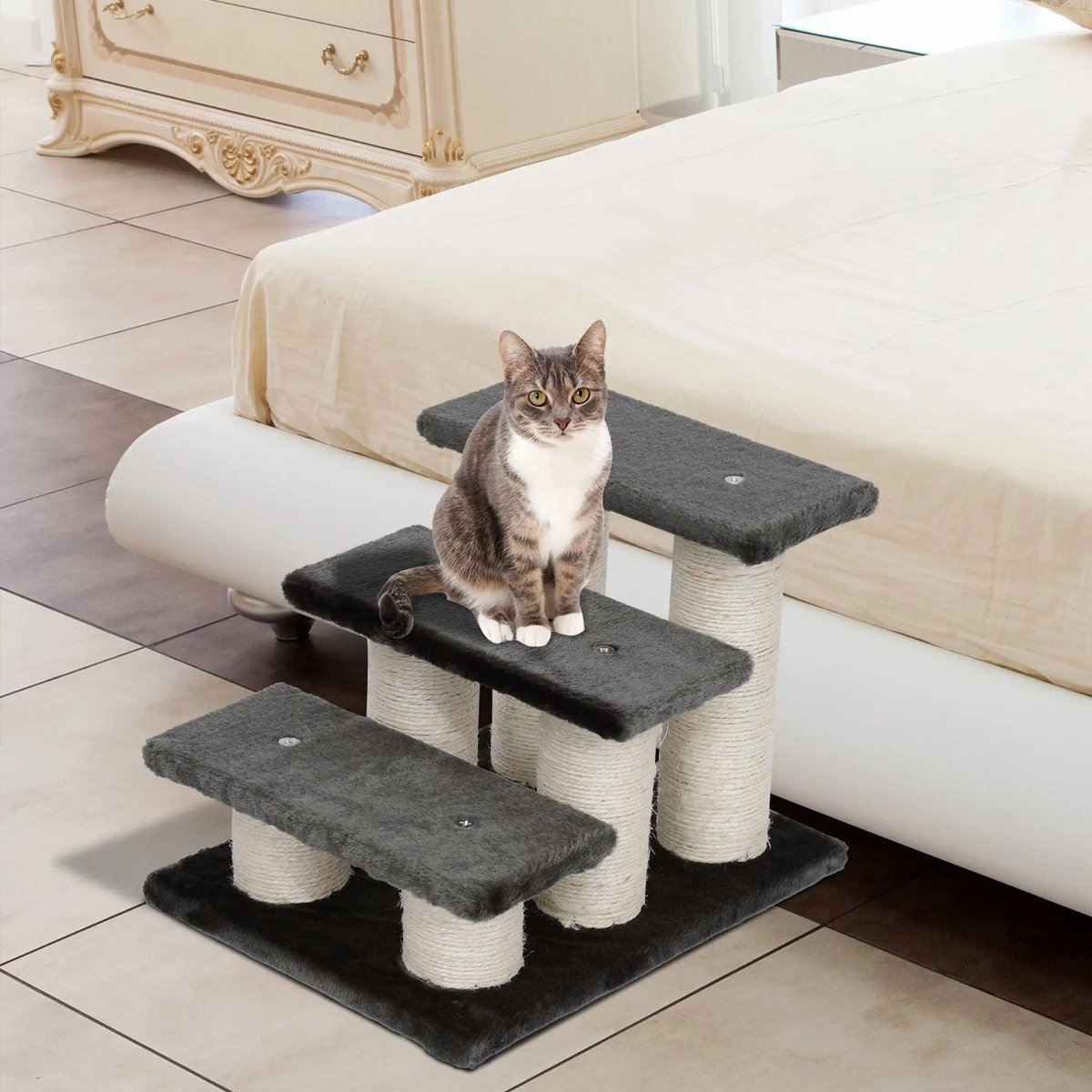 DESMIU Dierentrap – 3 Treden – 45 x 35 x 34 cm – Pluche en Sisal – Grijs – Voor Sofa, Bed en Vensterbank – Antislip