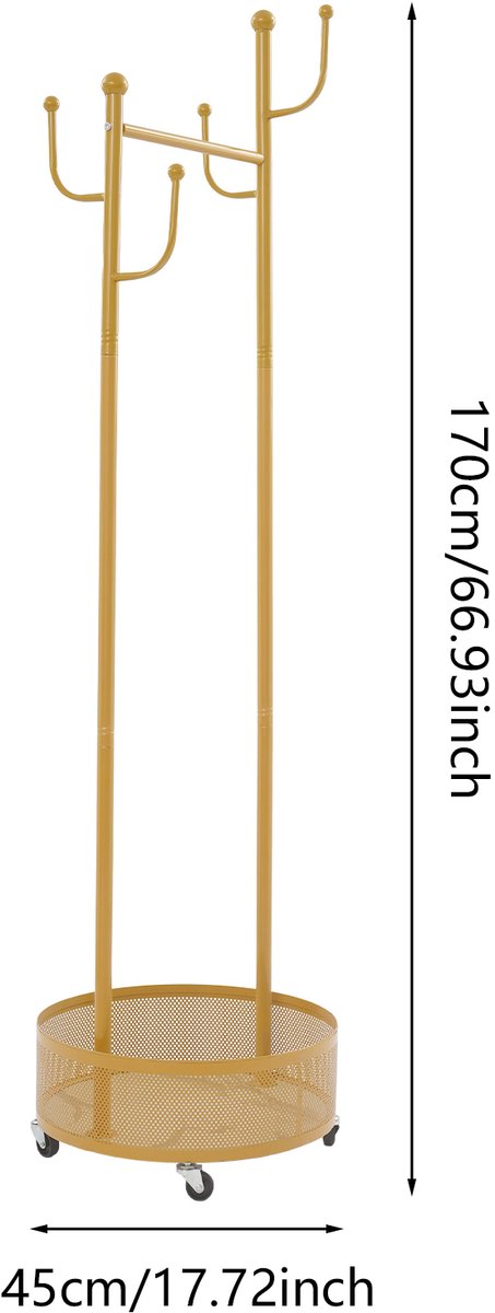 M-Goods Kapstok Staand met Opbergmand - 6 Haken - Kledingrek op Wielen - 170 cm - Goud