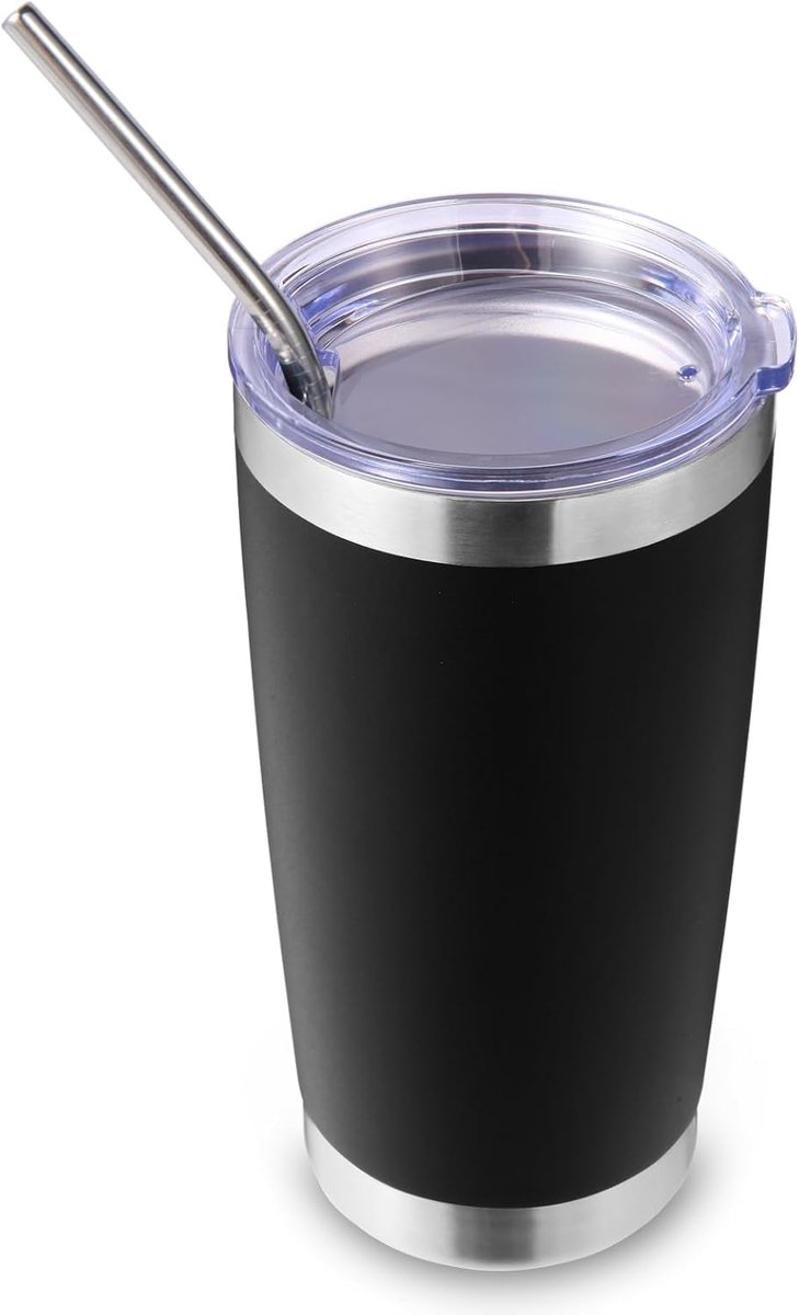 SnelShoppen - 20oz Roestvrijstalen Beker met Deksel en Rietje, Dubbelwandige Geïsoleerde Reisijskoffiemok, Gepubliceerd voor Warme en Koude Dranken, P