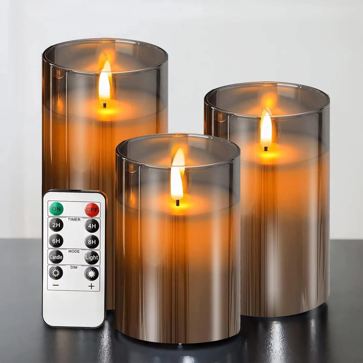 SnelShoppen - Vlamloze kaarsen set van 3 - Grijze led kaarsen van glas met echte was, afstandsbediening en timer voor woonkamer, slaapkamer, badkamer,