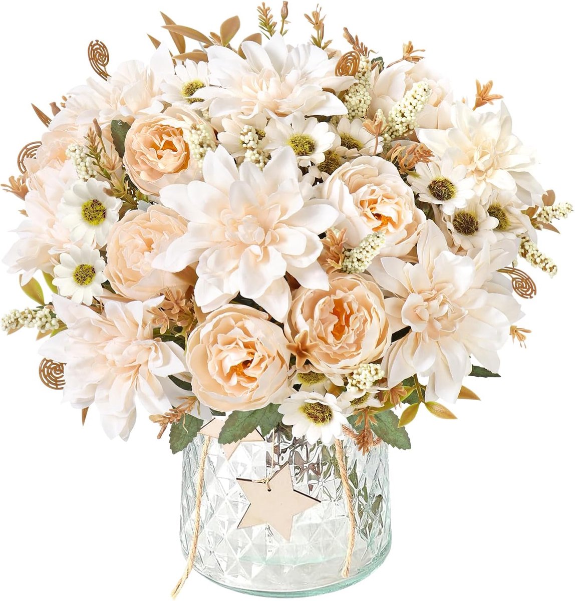 SnelShoppen - 4 Bundels Kunstbloemen Boeket met Dahlia's en Pioenrozen in Champagne, Oranje en Roze - Zijde, 31 cm - Bruiloft, Feest, Tafeldecoratie,