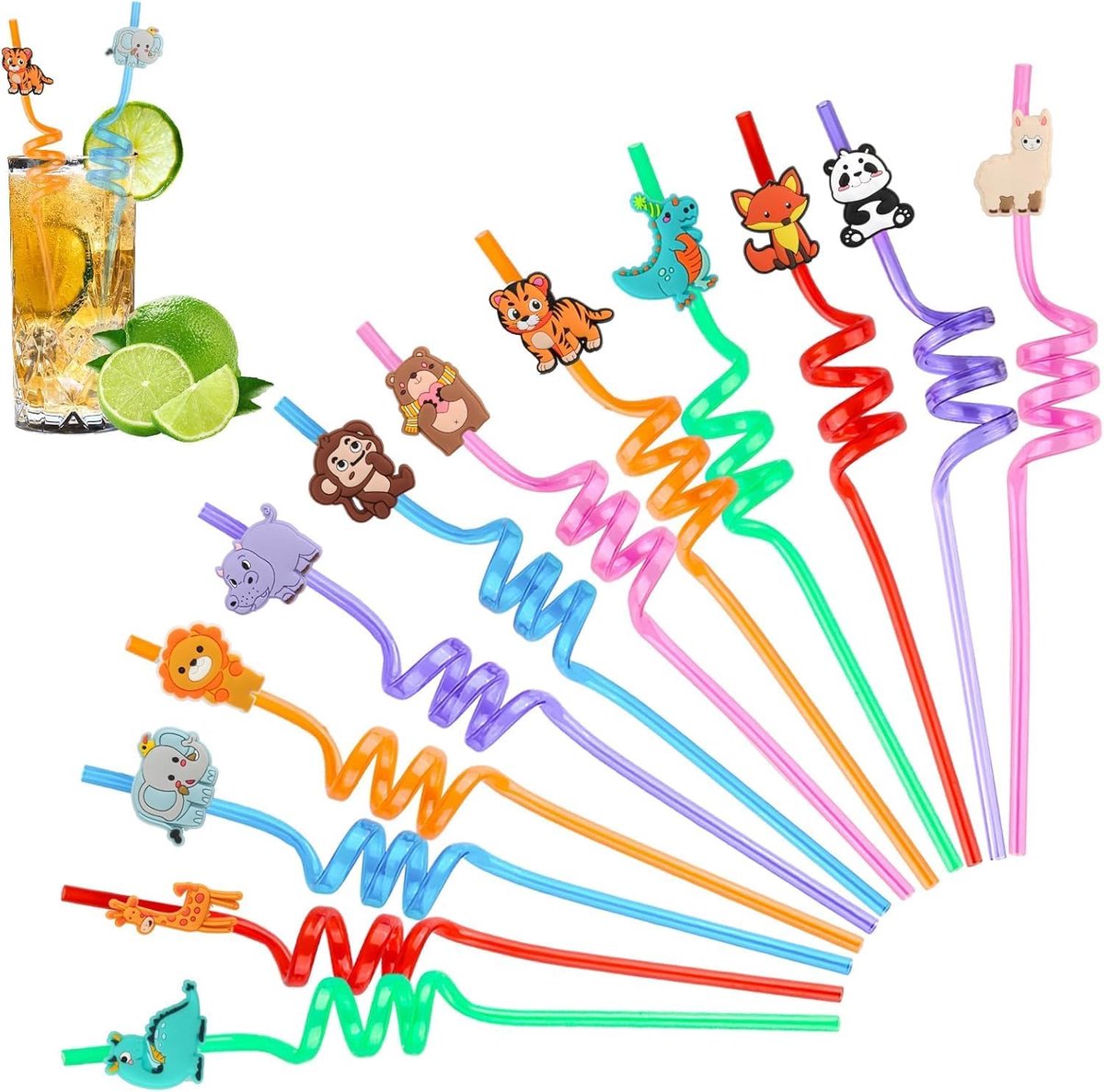 Thijox - Dierenrietjes voor Kinderen - Herbruikbaar Rietje met Dierendecoratie - Kleurrijke Verjaardags- en Feestdecoratie - 12 Stuks
