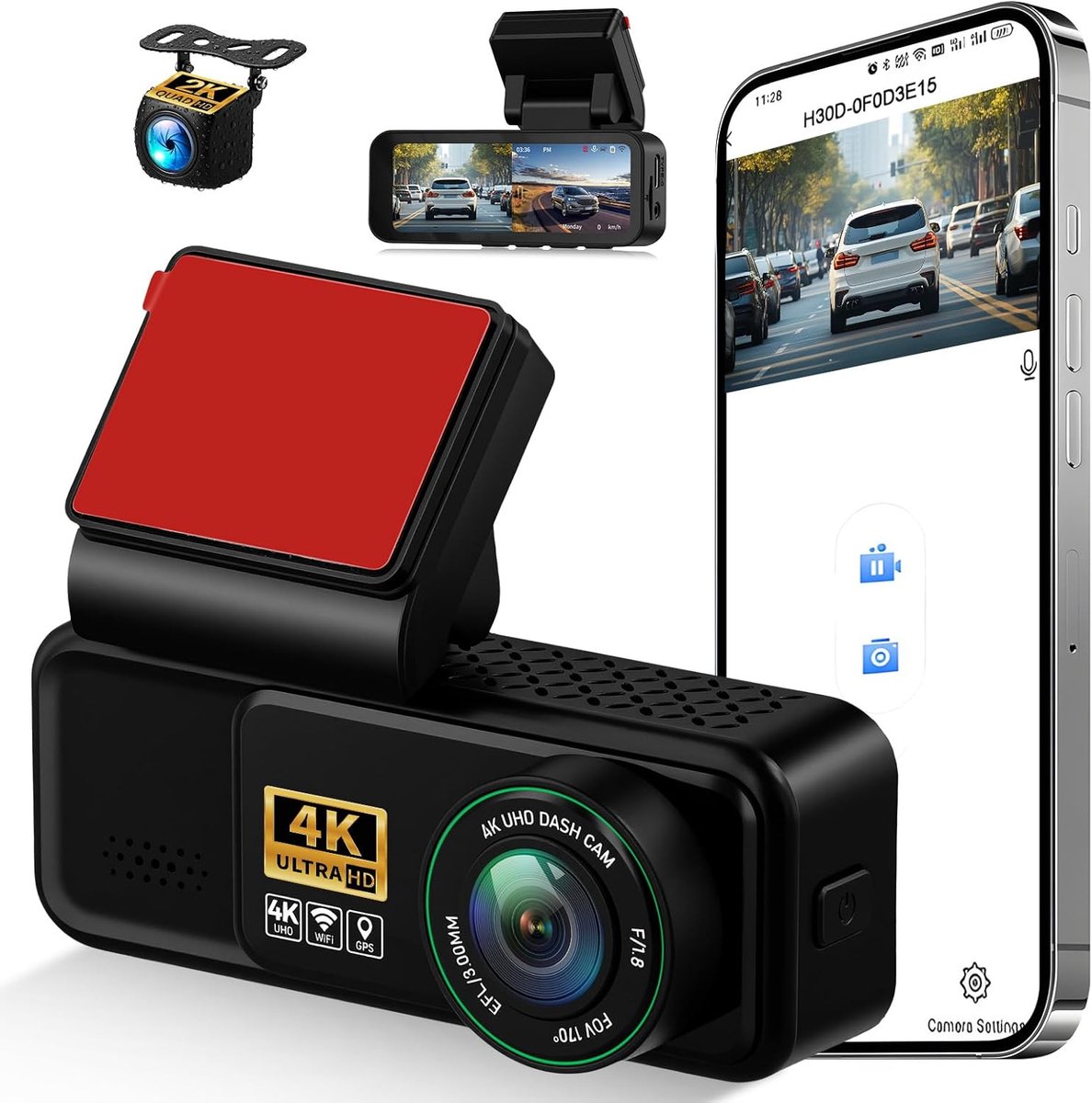 SnelShoppen - 4K Dashcam Voor en Achter, 4K+2K FHD Auto Camera met GPS, ADAS, APP, 150° Groothoek, Nachtzicht, G-sensor, Lusopname, 24/7 Parkeren
