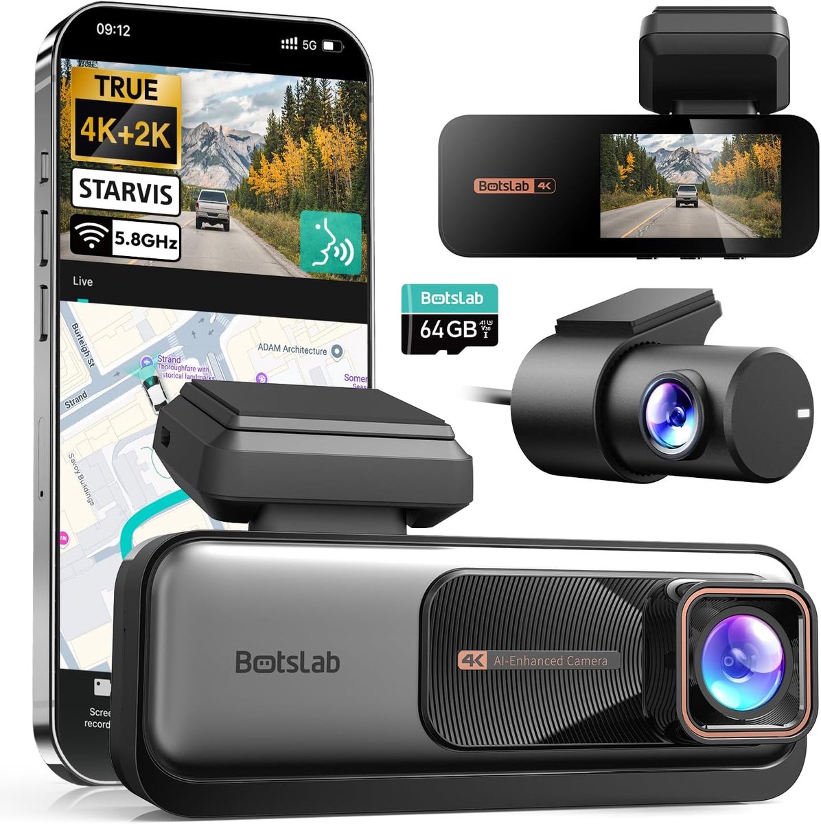 SnelShoppen - 4K Dashcam Auto voor en Achter met Wifi, GPS, ADAS, Spraakbediening, Nachtzicht, WDR, 64 GB Kaart, 24/7 Parkeerbewaking, Loop-opname, Co