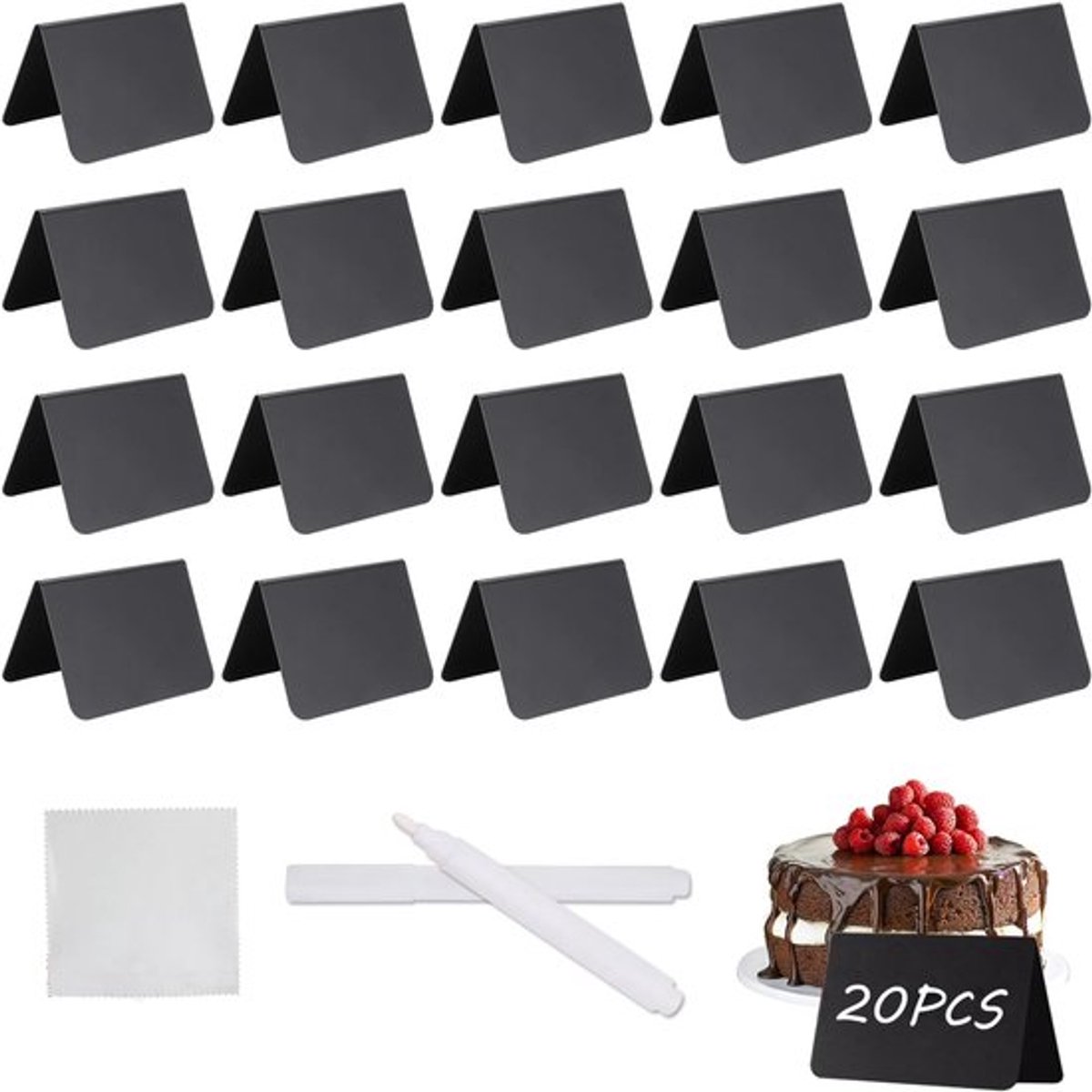 Krijtborden voor beschrijven - 20 stuks - kleine kunststof buffetborden - afveegbare borden met 2 markeerstiften voor bruiloft en feest - naambordjes - 7,5 x 10 cm - zwart