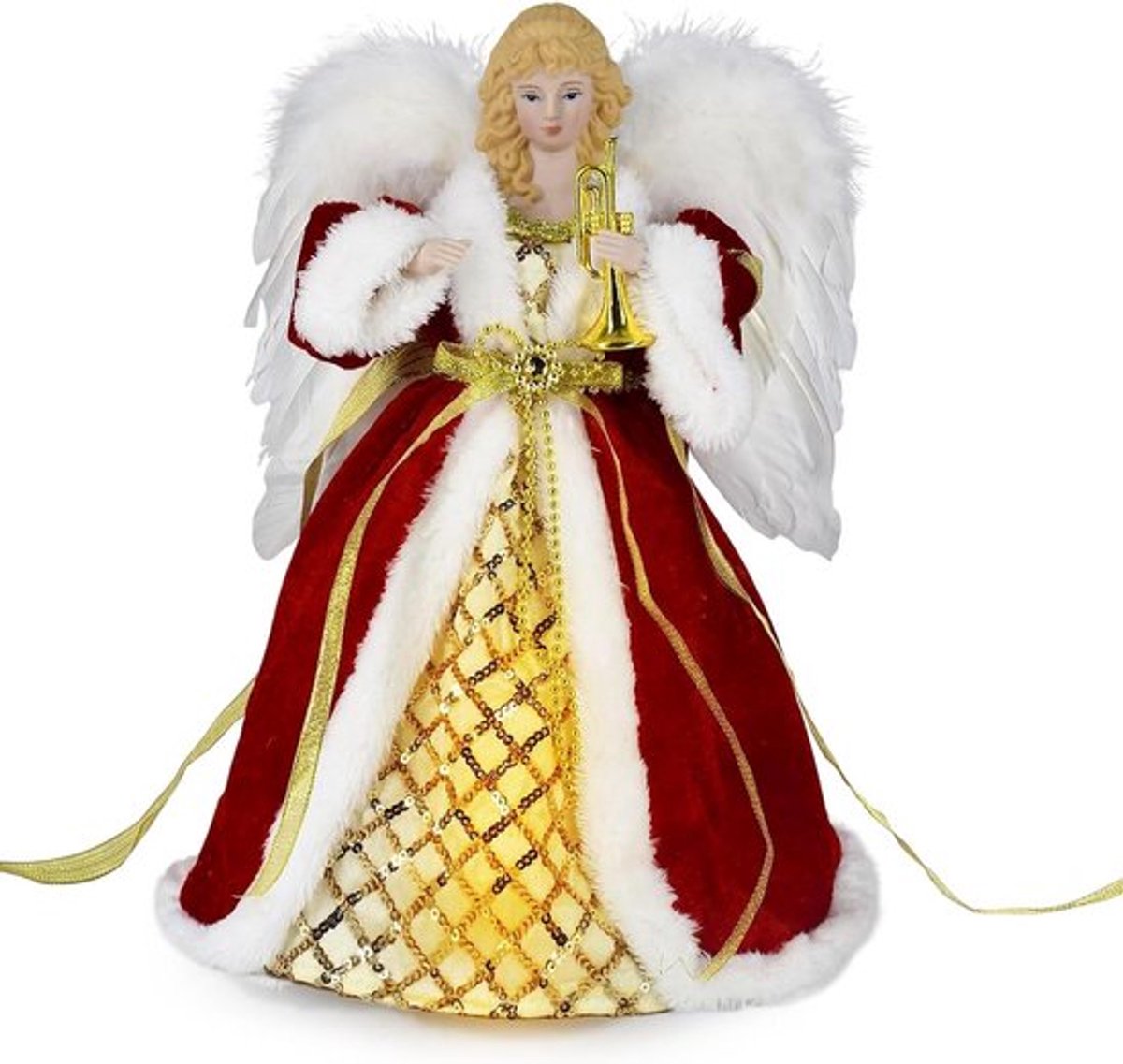 Engel kerstboom Topper kerst engel boomtop beeldje met veren vleugels - 32 cm (rode engel) - kerstdecoratie