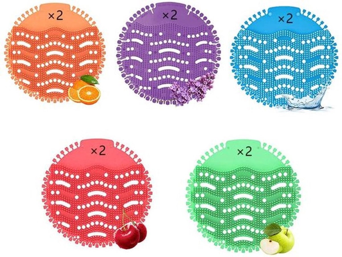 Urinoirscherm - 10 Stuks - Urinoirzeef met Geur - Spatverminderende Matten - Kunststof - Pissoir Inzetstuk - Urinoir Inlegger - Geurbestendig en Deodorant - voor Openbare Toiletten - 16.5cm - Oranje+Groen+Rood+Blauw+Paars