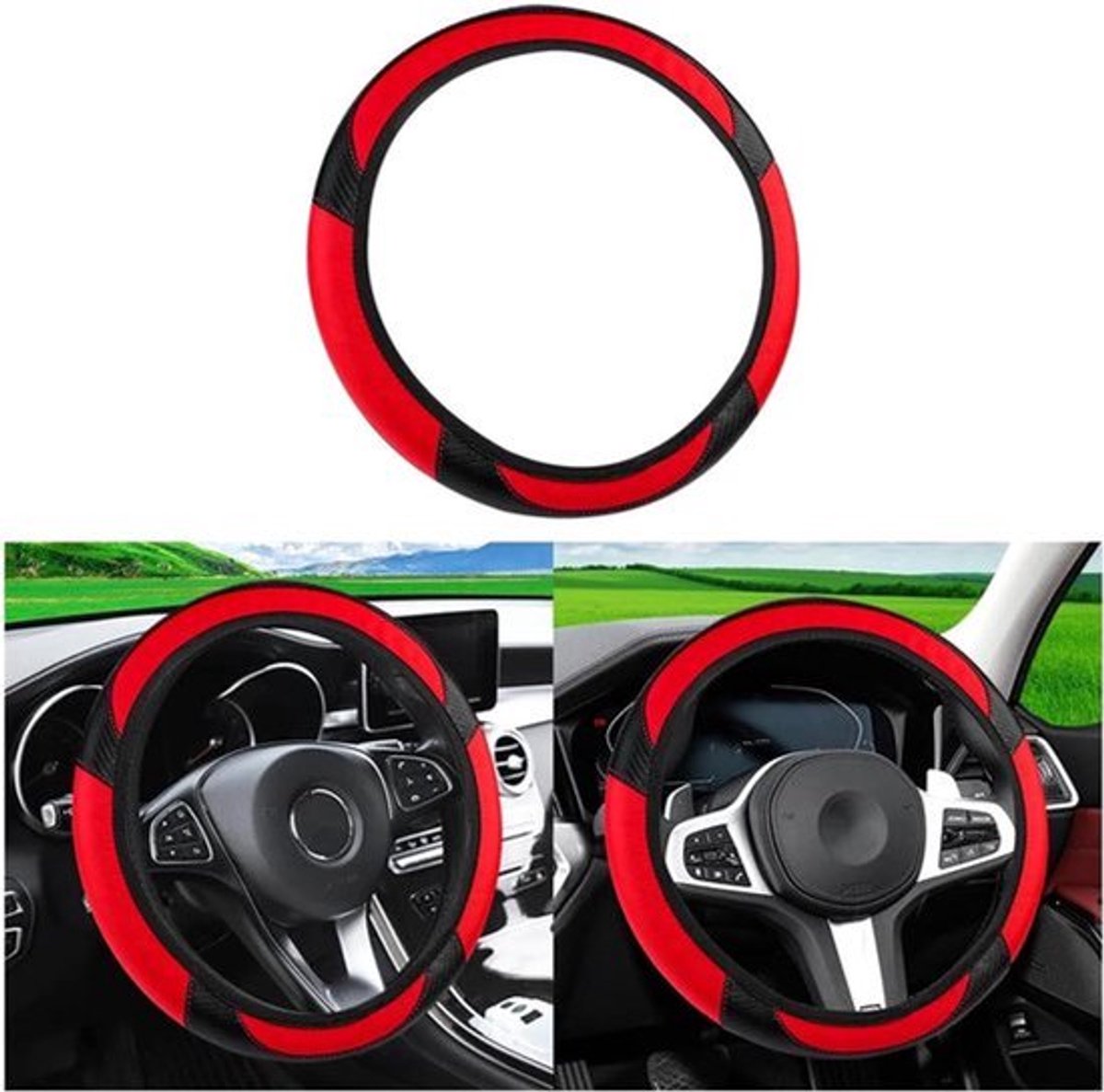 Microfiber Leren Antislip Ademend Duurzaam Universeel Stuurwielhoes voor de meeste Trucks (Zwart + Rood)